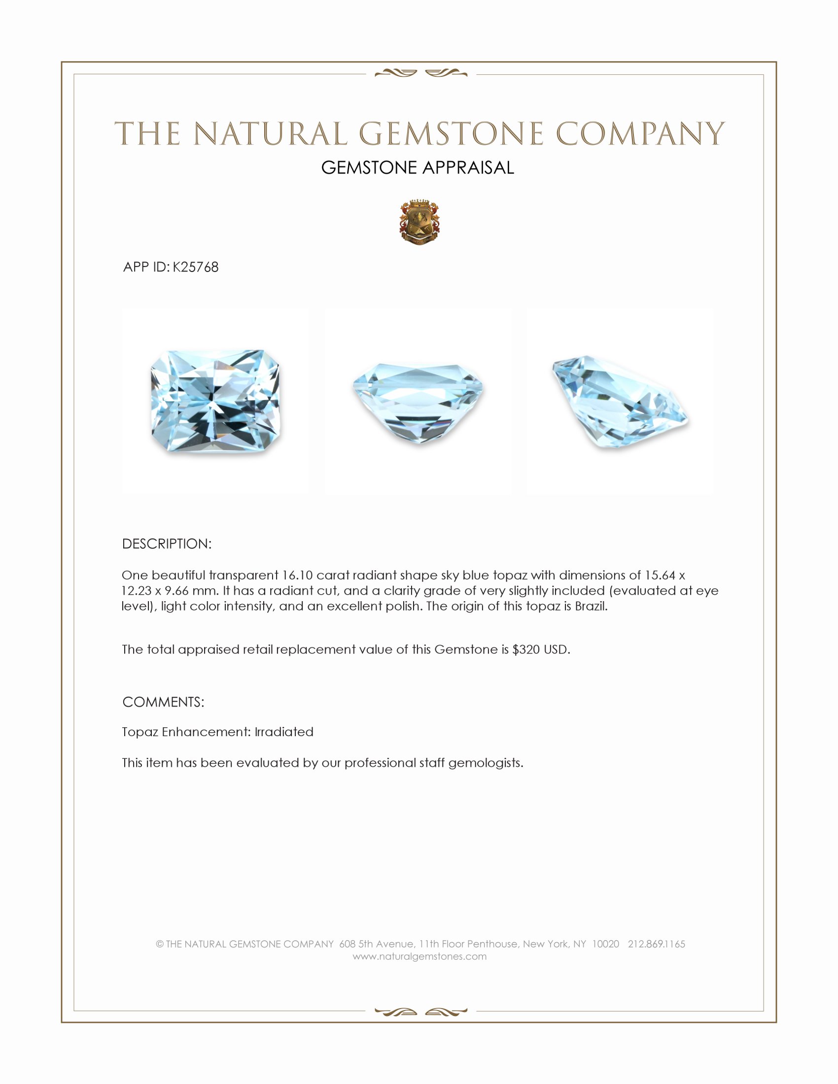 16.10 Ct. Sky Blue Topaz from Brazil