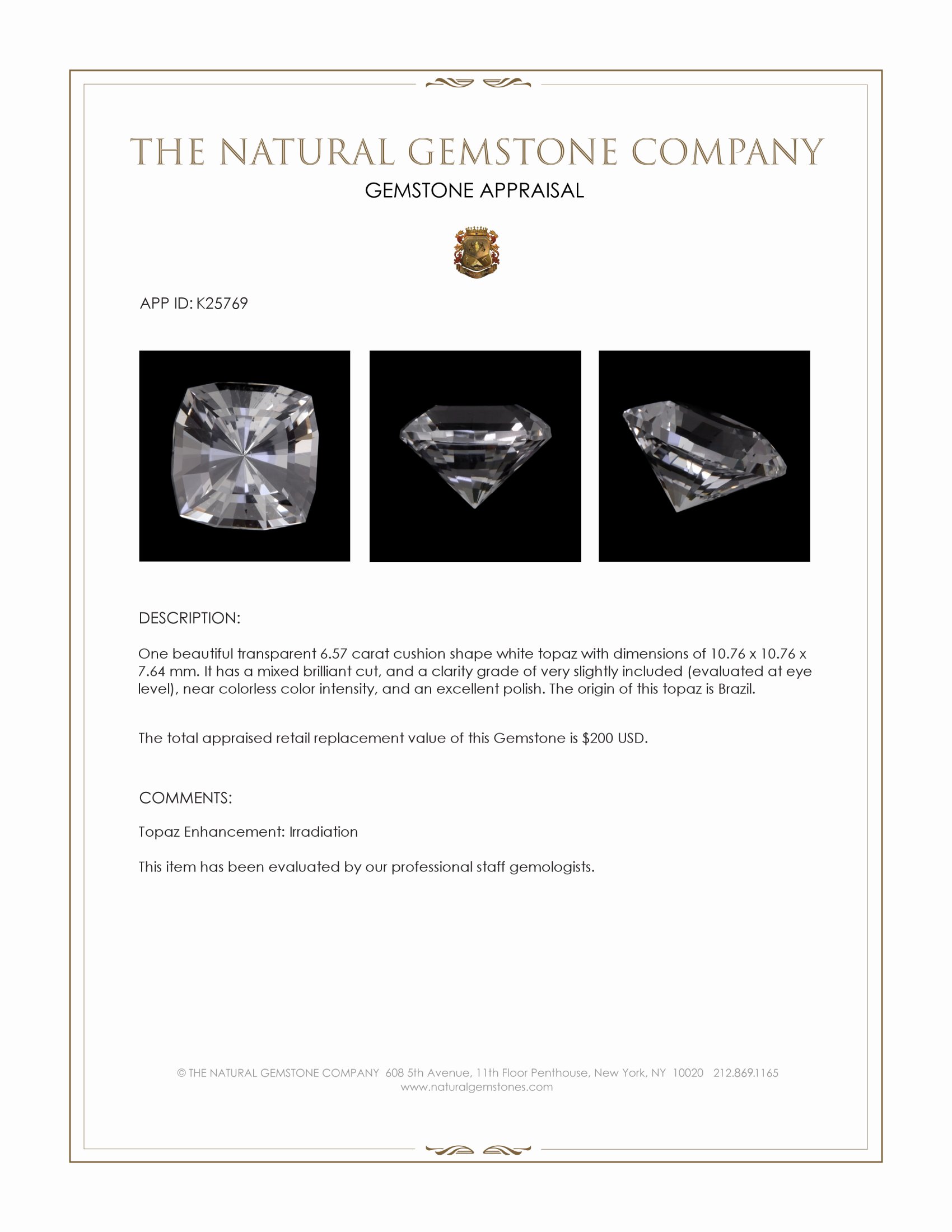 6.57 Ct. White Topaz from Brazil