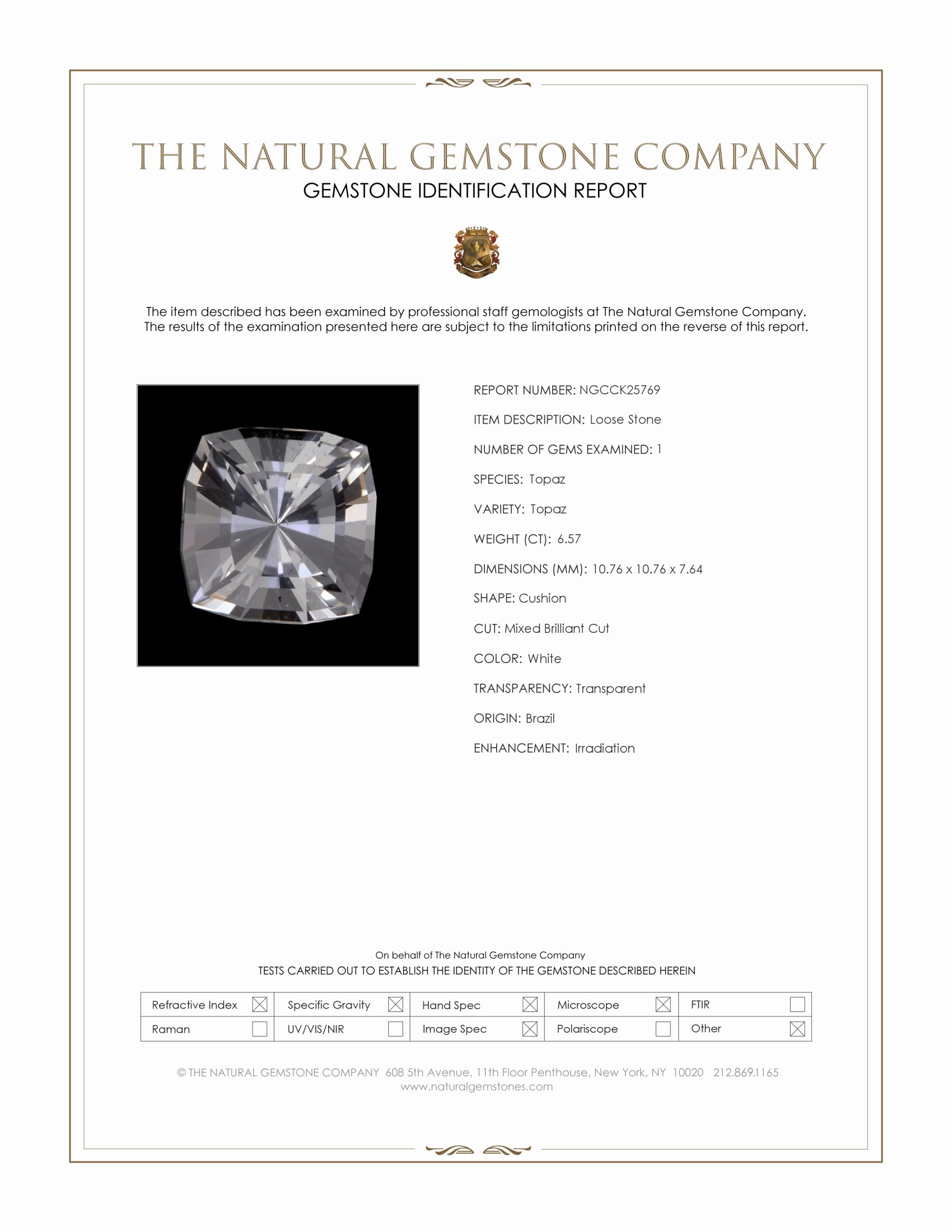 6.57 Ct. White Topaz from Brazil
