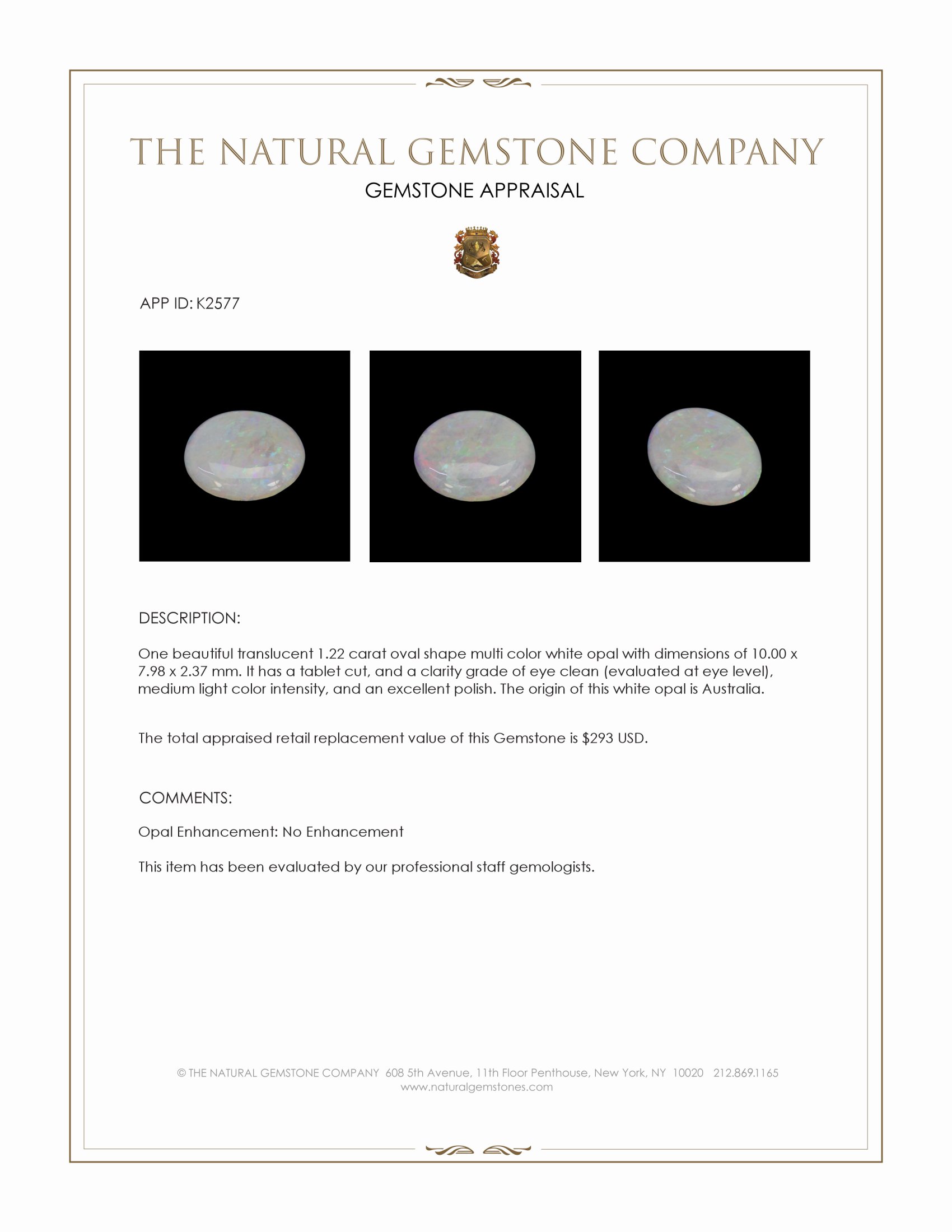 1.22 Ct. White Opal from Australia