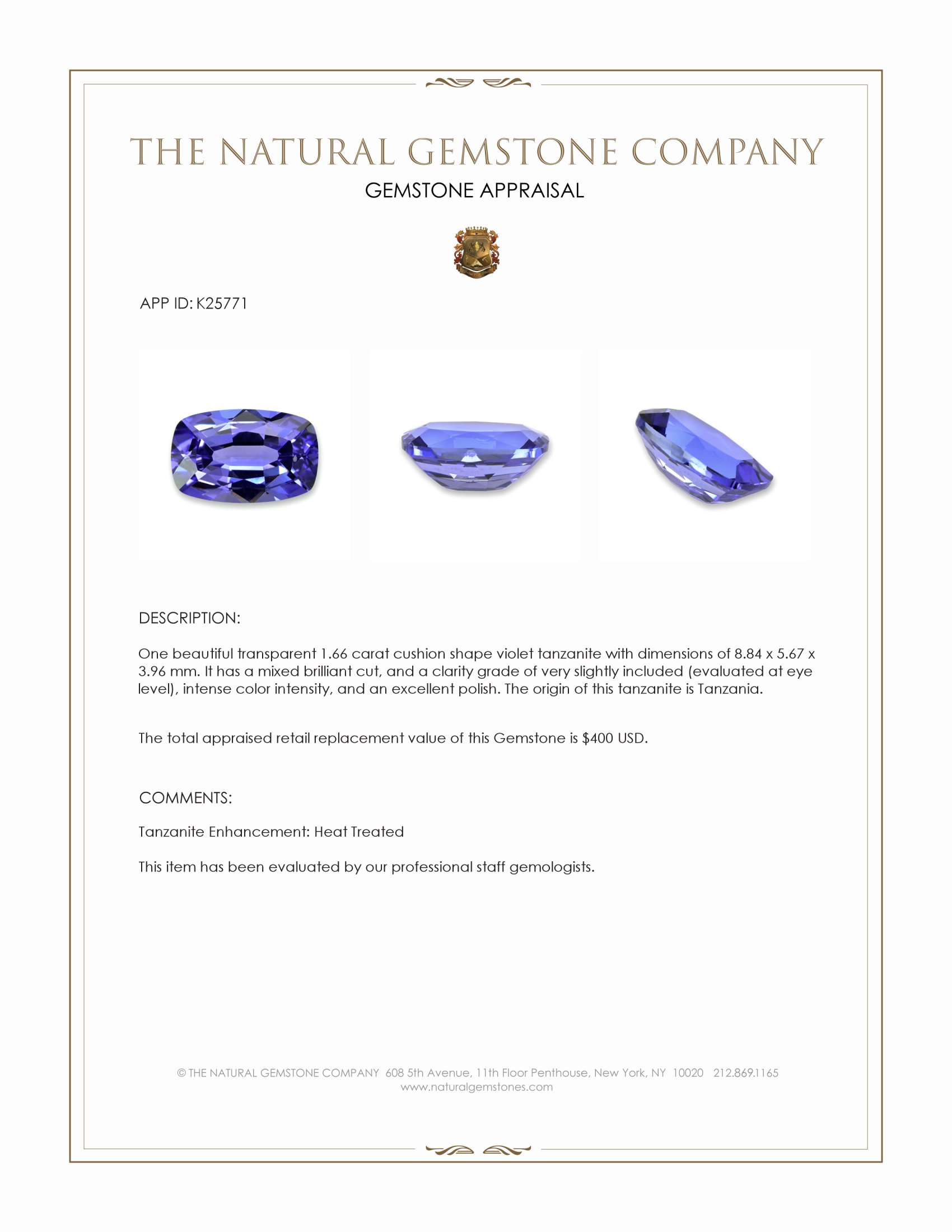 1.66 Ct. Violet Tanzanite from Tanzania