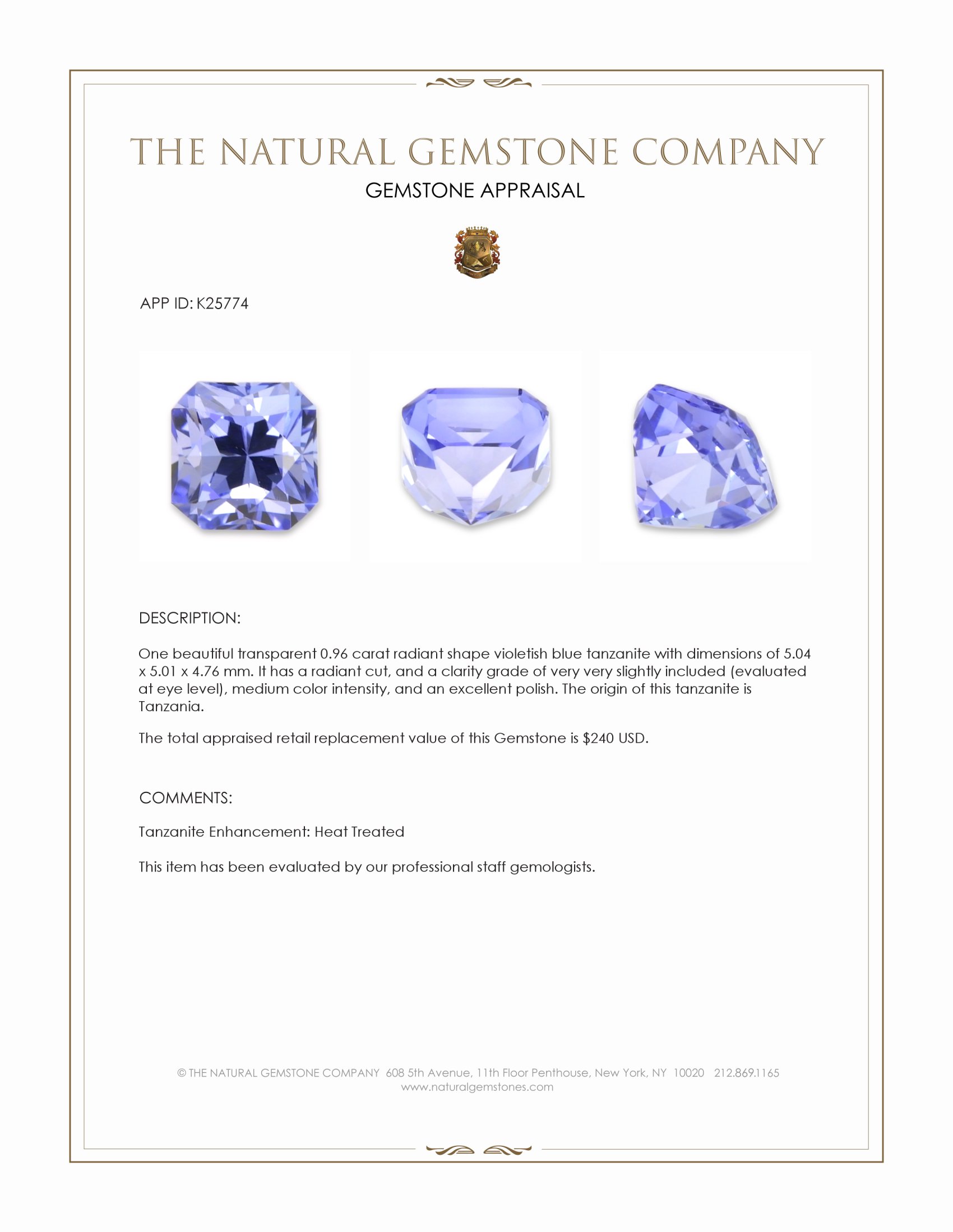 0.96 Ct. Violetish Blue Tanzanite from Tanzania