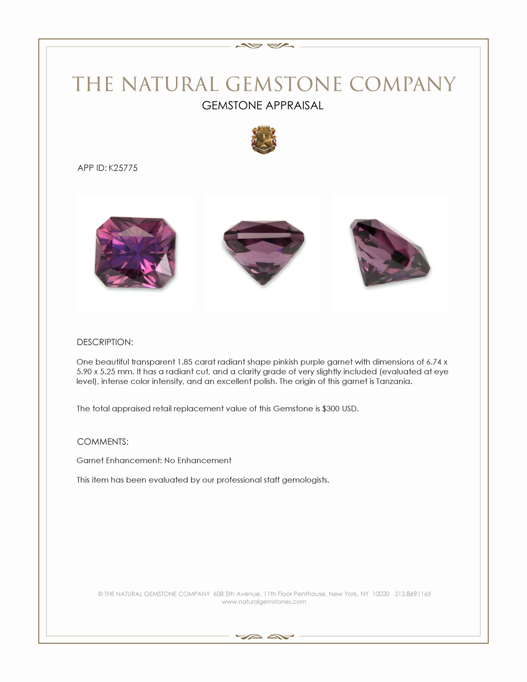 1.85 Ct. Pinkish Purple Garnet from Tanzania