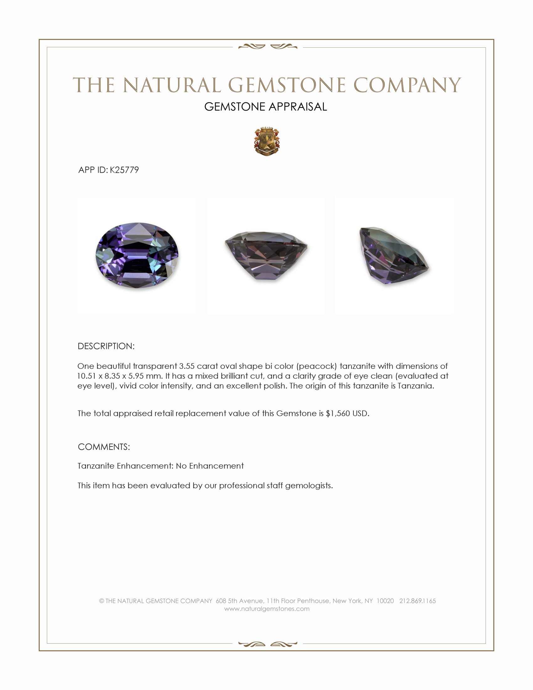 3.55 Ct. Bi Color (Peacock) Tanzanite from Tanzania