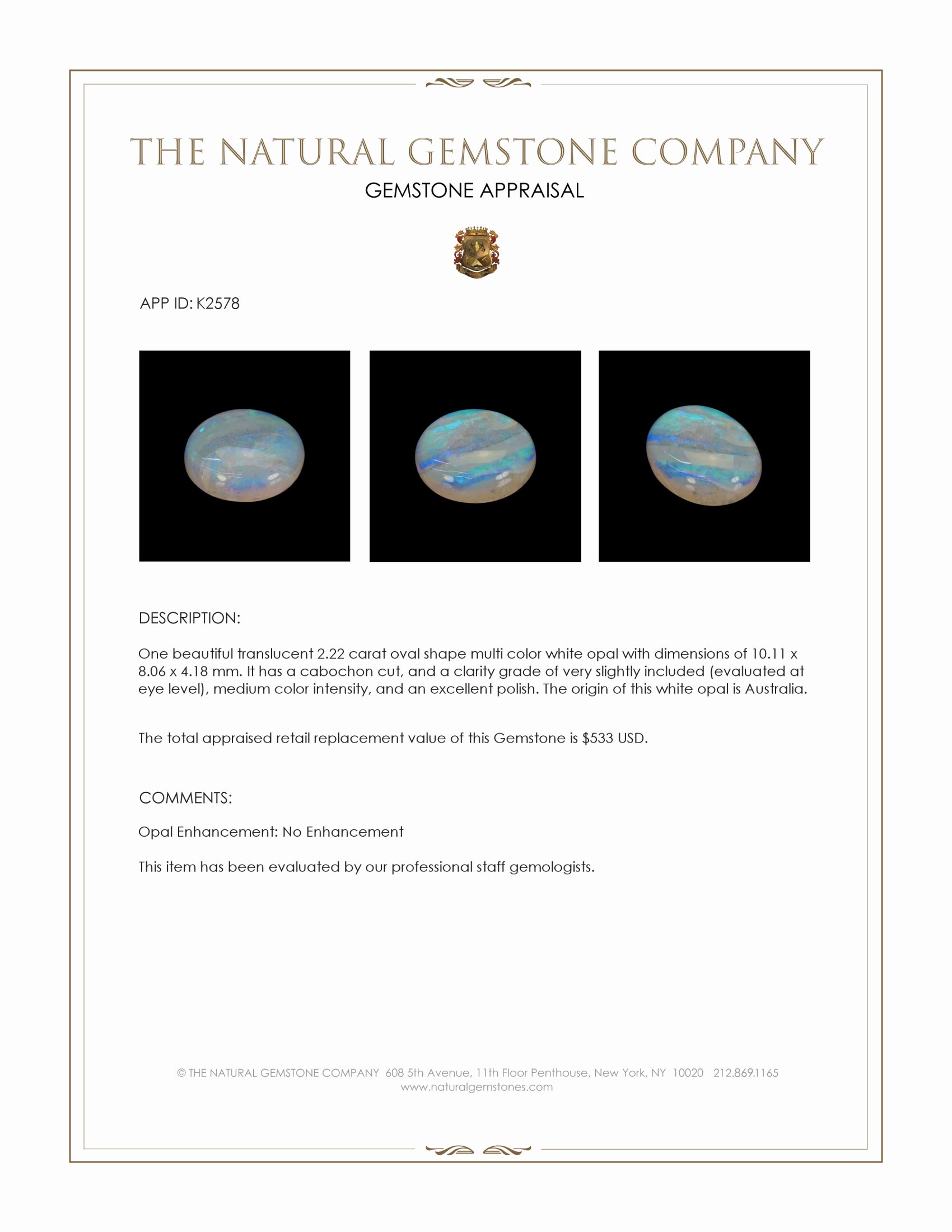 2.22 Ct. Cabochon White Opal from Australia