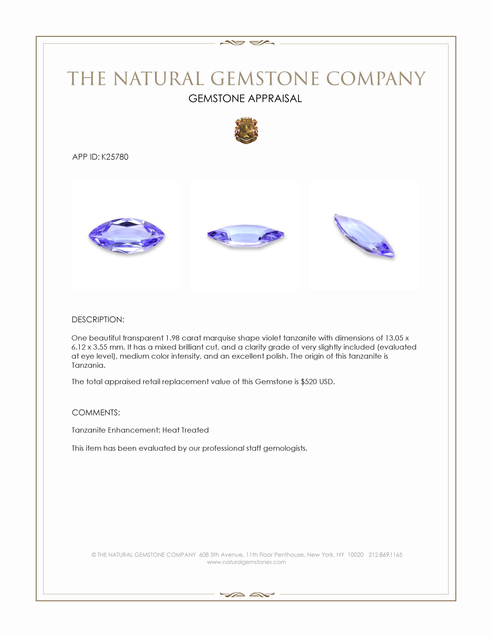 1.98 Ct. Violet Tanzanite from Tanzania