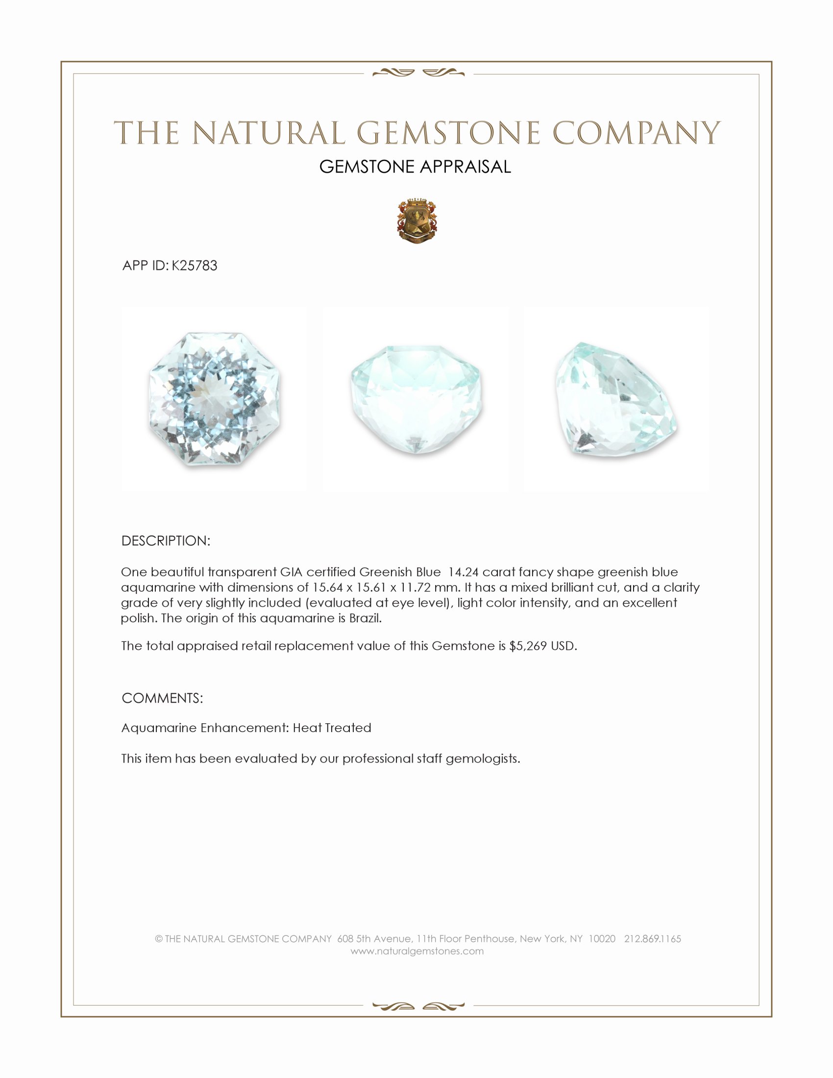 14.24 Ct. Greenish Blue Aquamarine from Brazil
