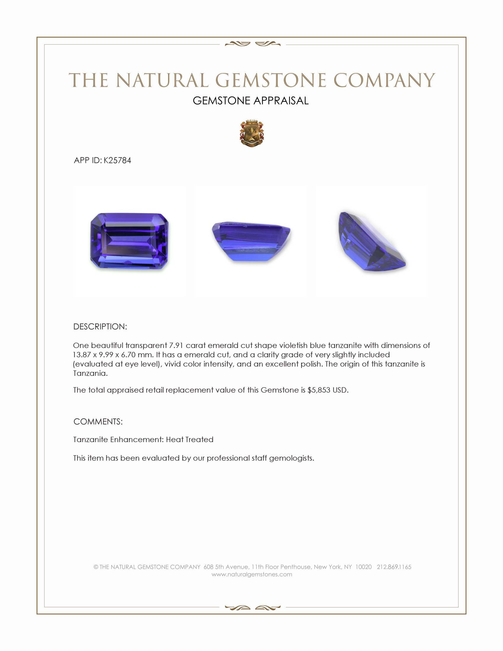 7.91 Ct. Violetish Blue Tanzanite from Tanzania
