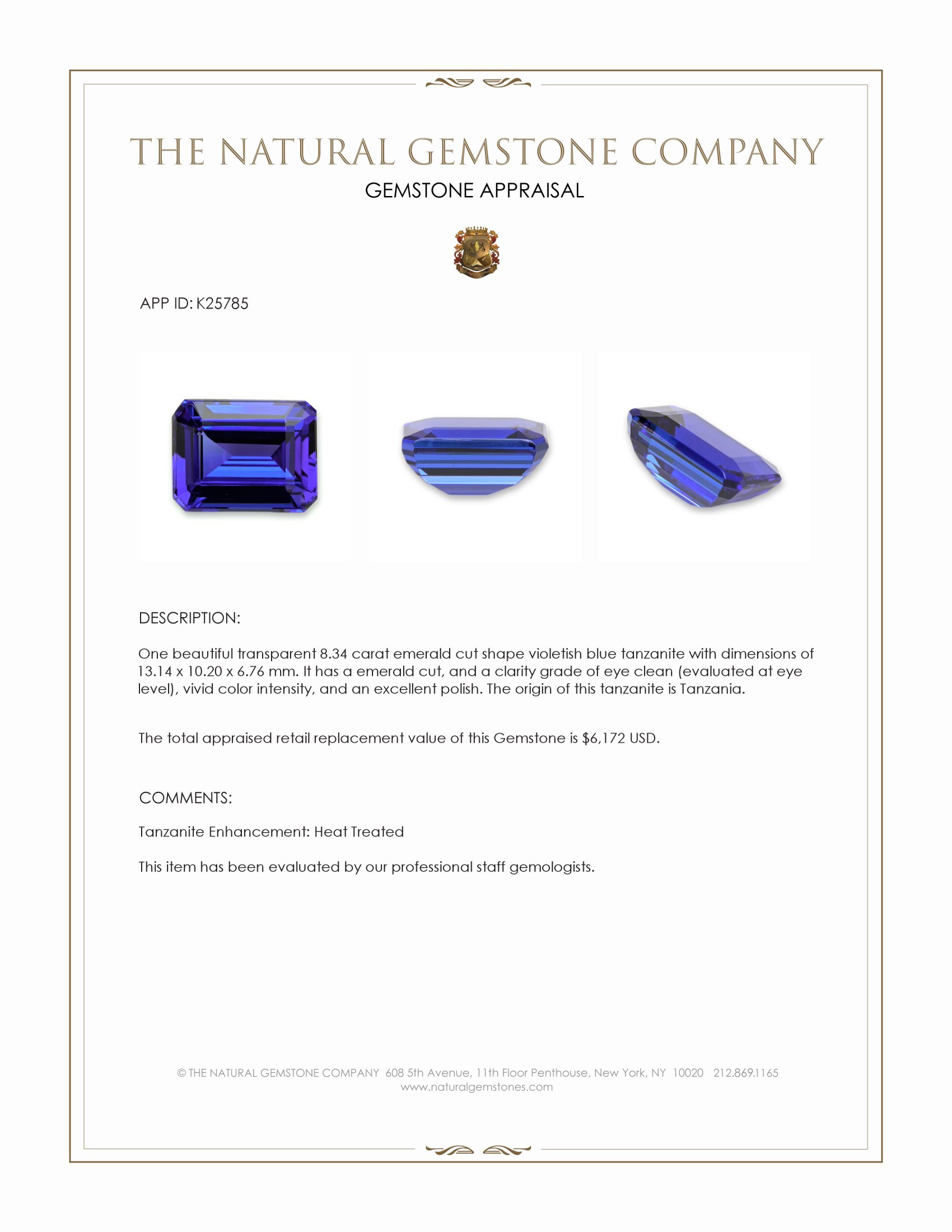 8.34 Ct. Violetish Blue Tanzanite from Tanzania