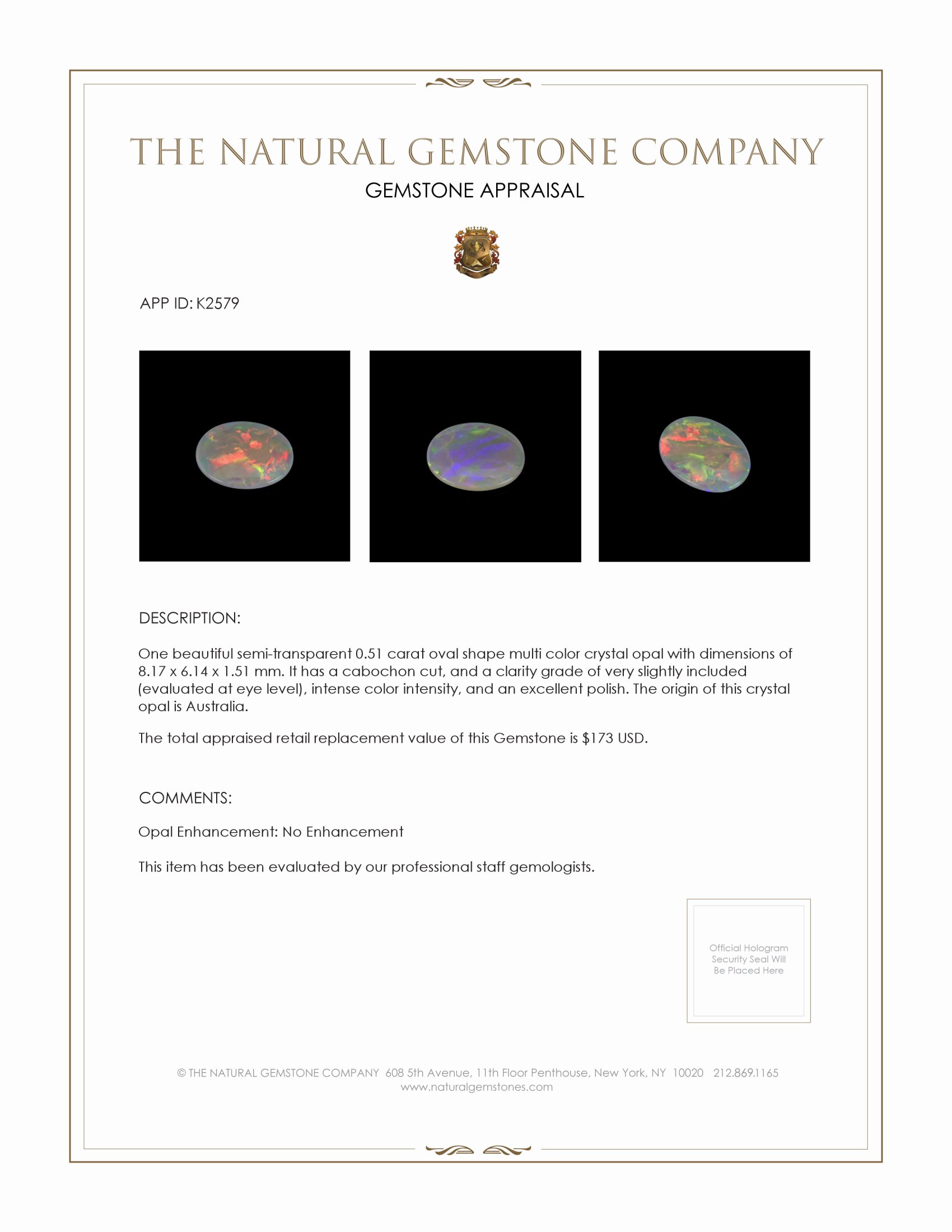 0.51 Ct. Cabochon Crystal/Jelly Opal from Australia