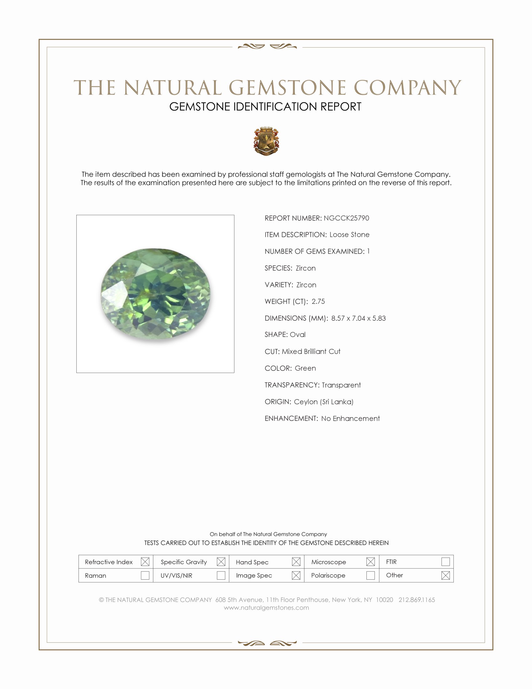 2.75 Ct. Green Zircon from Ceylon (Sri Lanka)