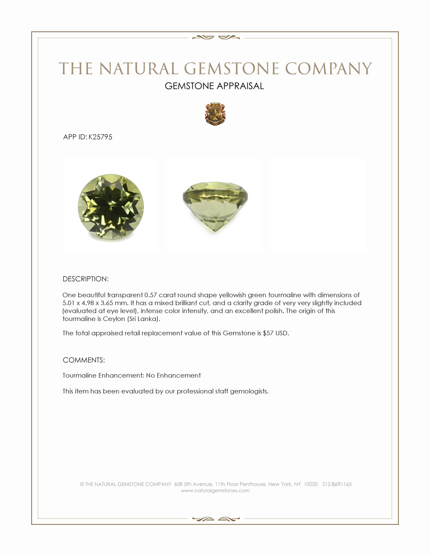 0.57 Ct. Yellowish Green Tourmaline from Ceylon (Sri Lanka)