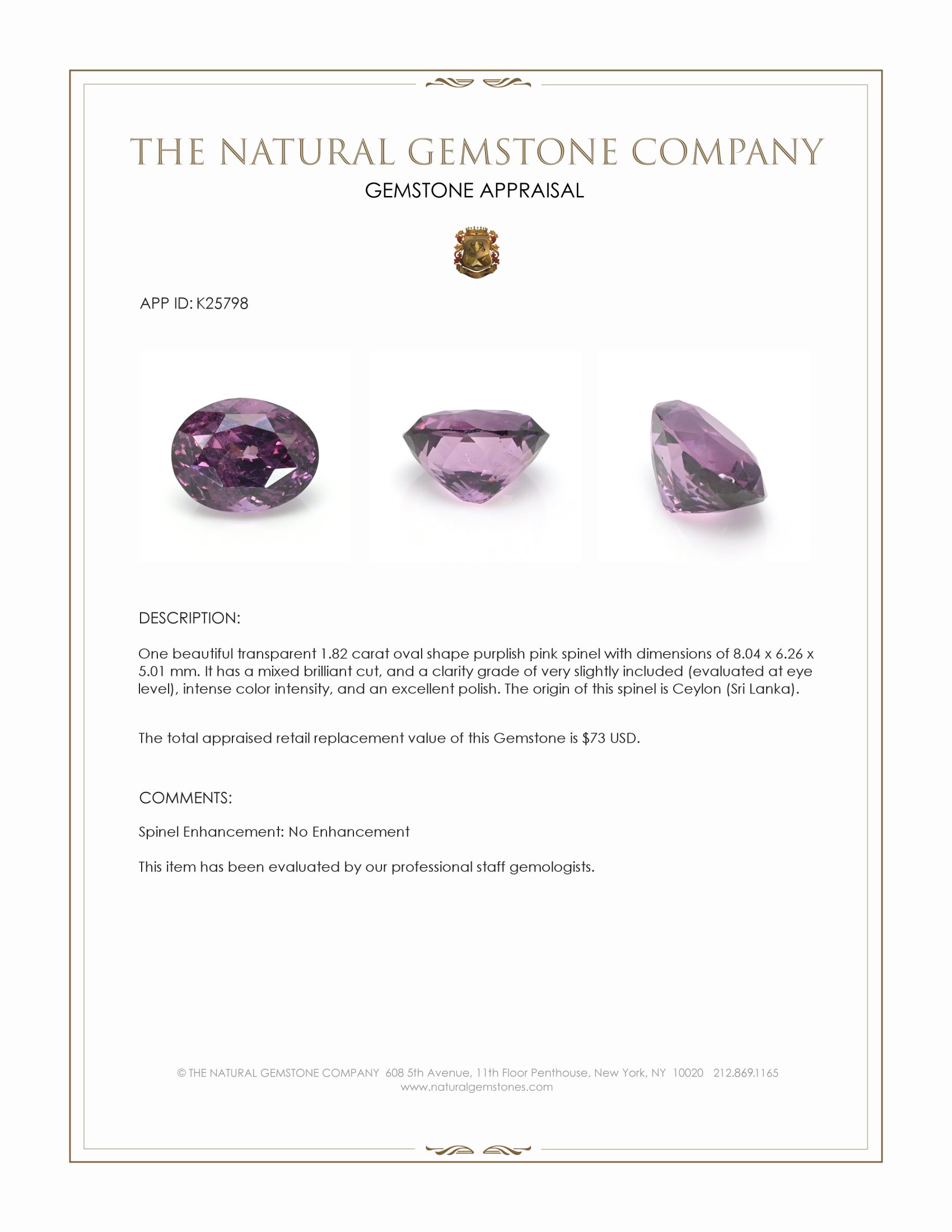 1.82 Ct. Purplish Pink Spinel from Ceylon (Sri Lanka)