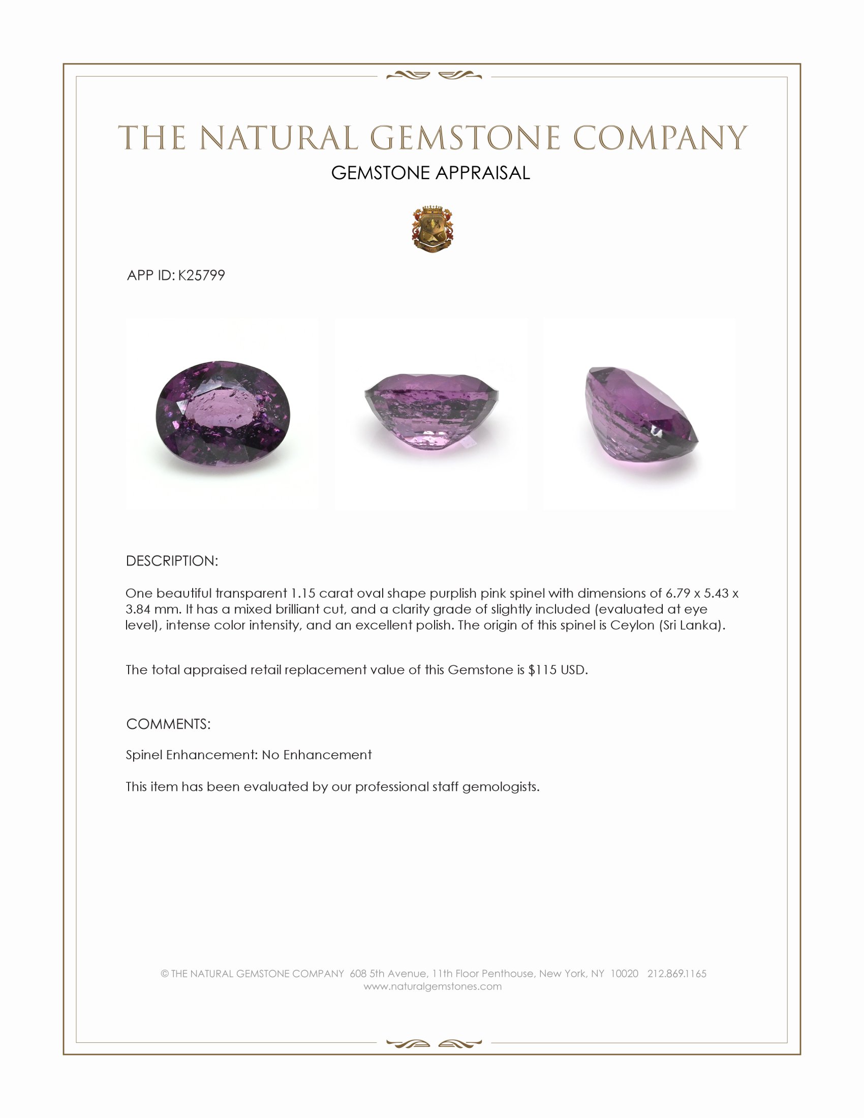 1.15 Ct. Purplish Pink Spinel from Ceylon (Sri Lanka)