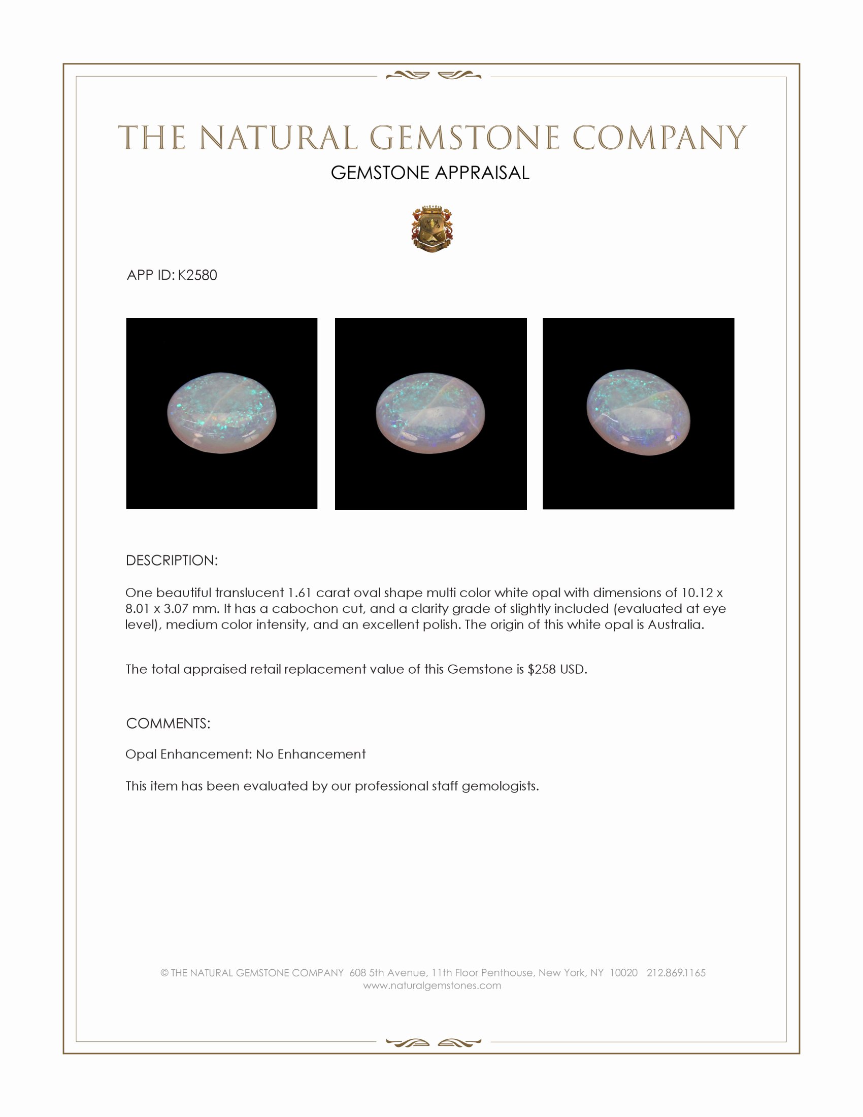 1.61 Ct. Cabochon White Opal from Australia