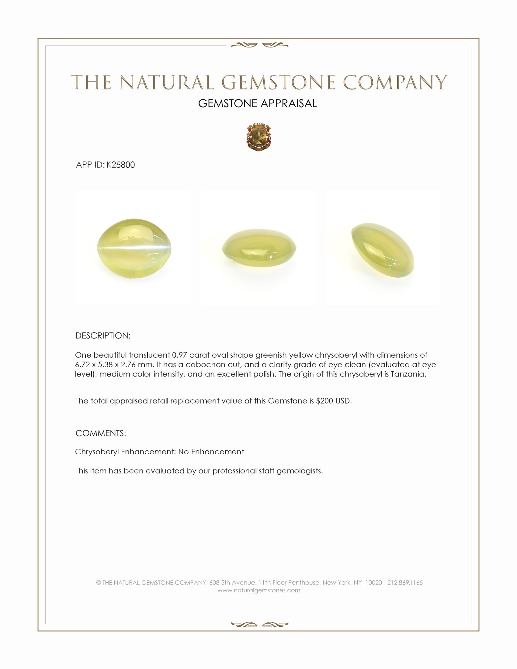 0.97 Ct. Greenish Yellow Cabochon Chrysoberyl from Tanzania