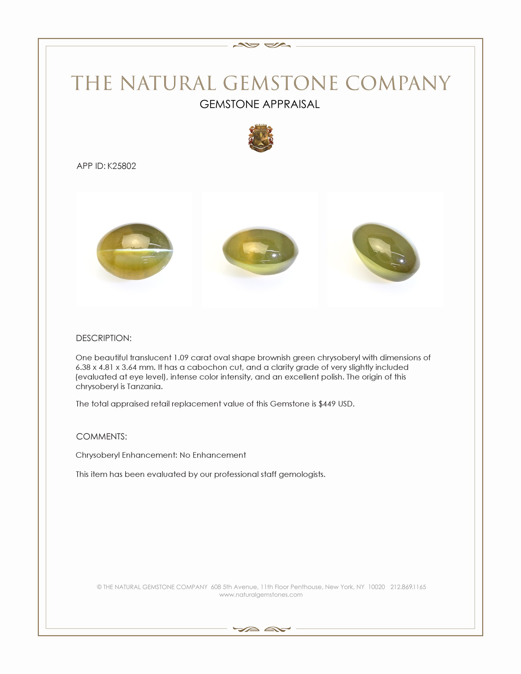 1.09 Ct. Brownish Green Cabochon Chrysoberyl from Tanzania
