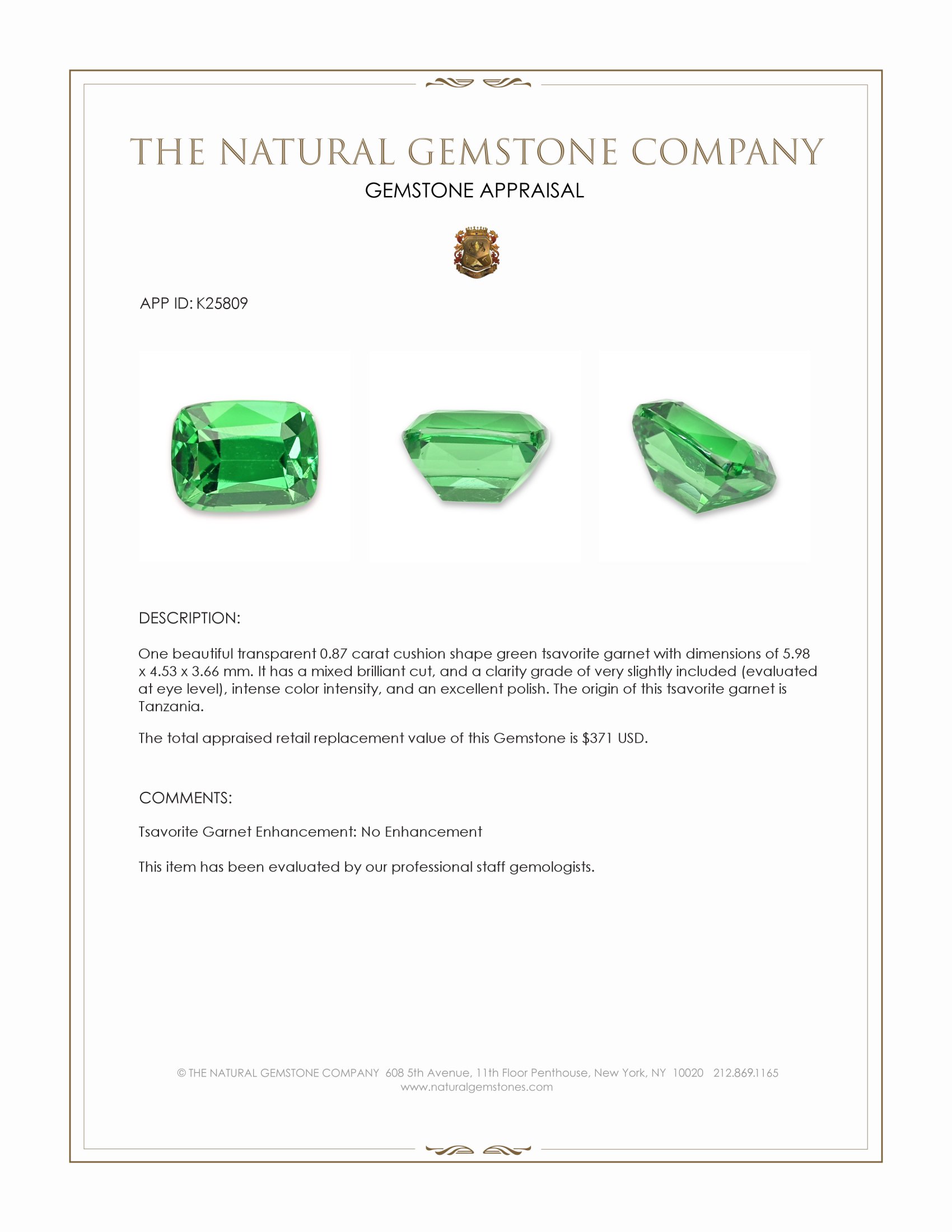 0.87 Ct. Tsavorite Garnet from Tanzania