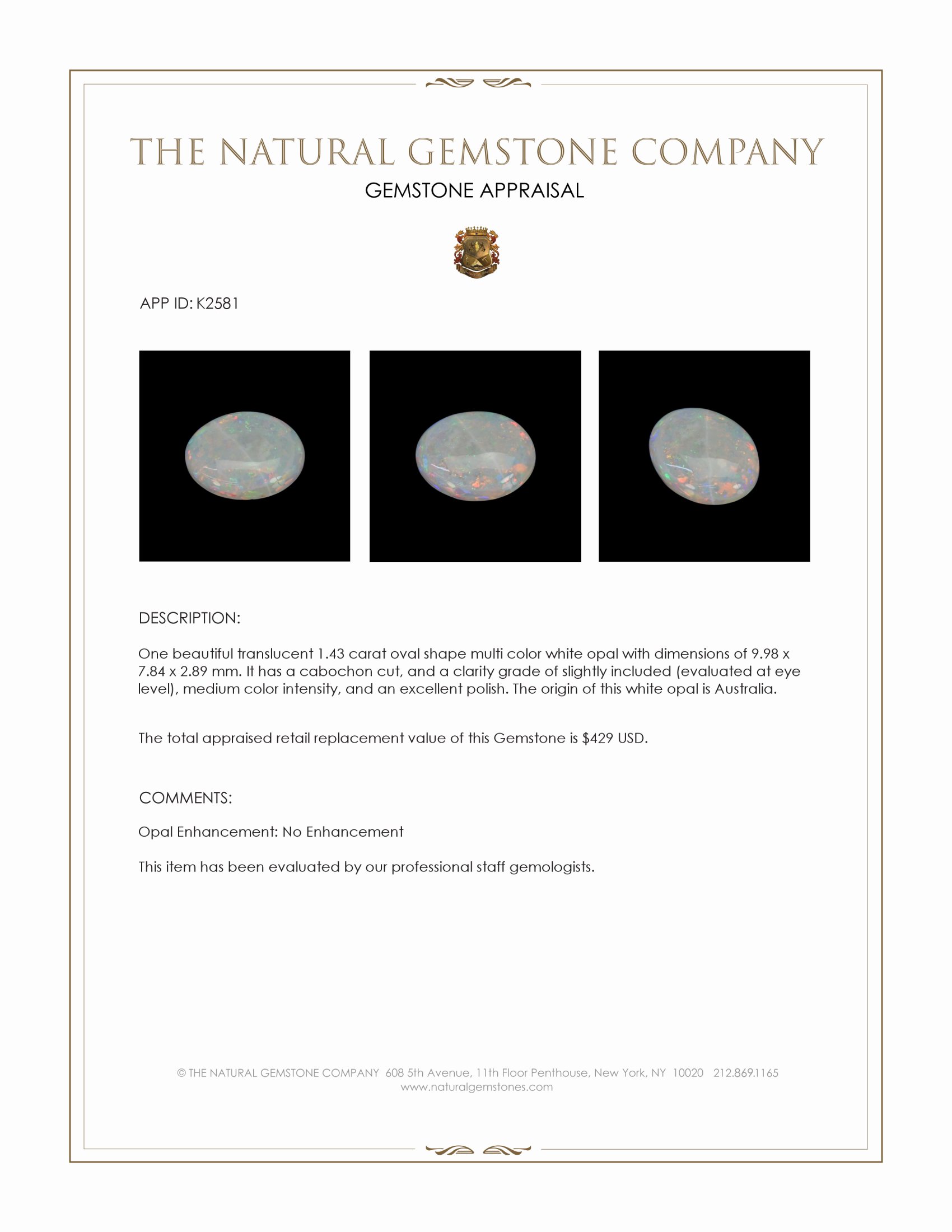 1.43 Ct. Cabochon White Opal from Australia