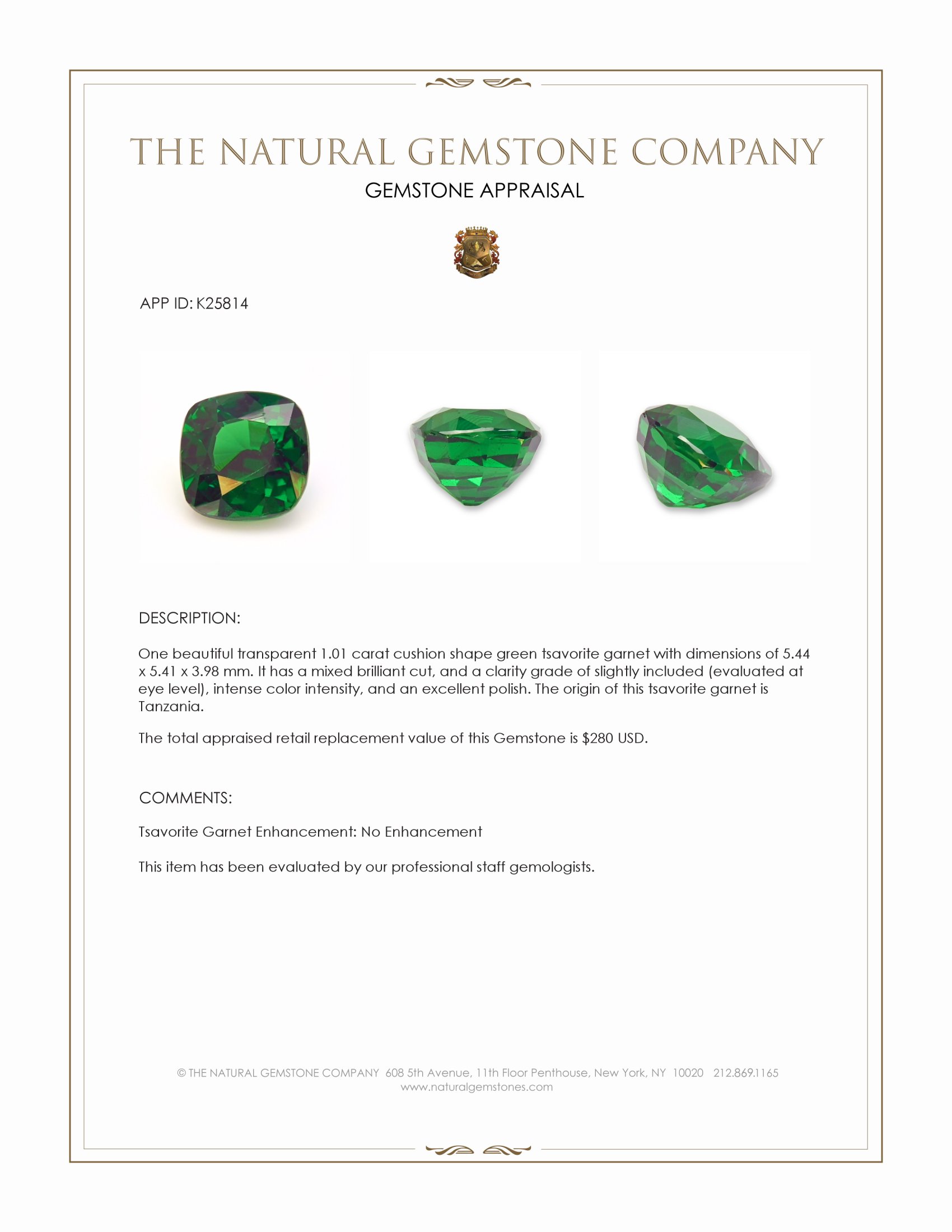 1.01 Ct. Tsavorite Garnet from Tanzania