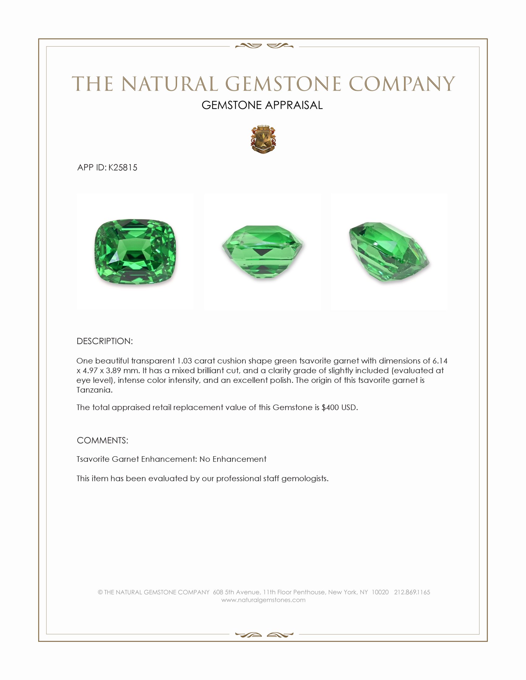 1.03 Ct. Tsavorite Garnet from Tanzania