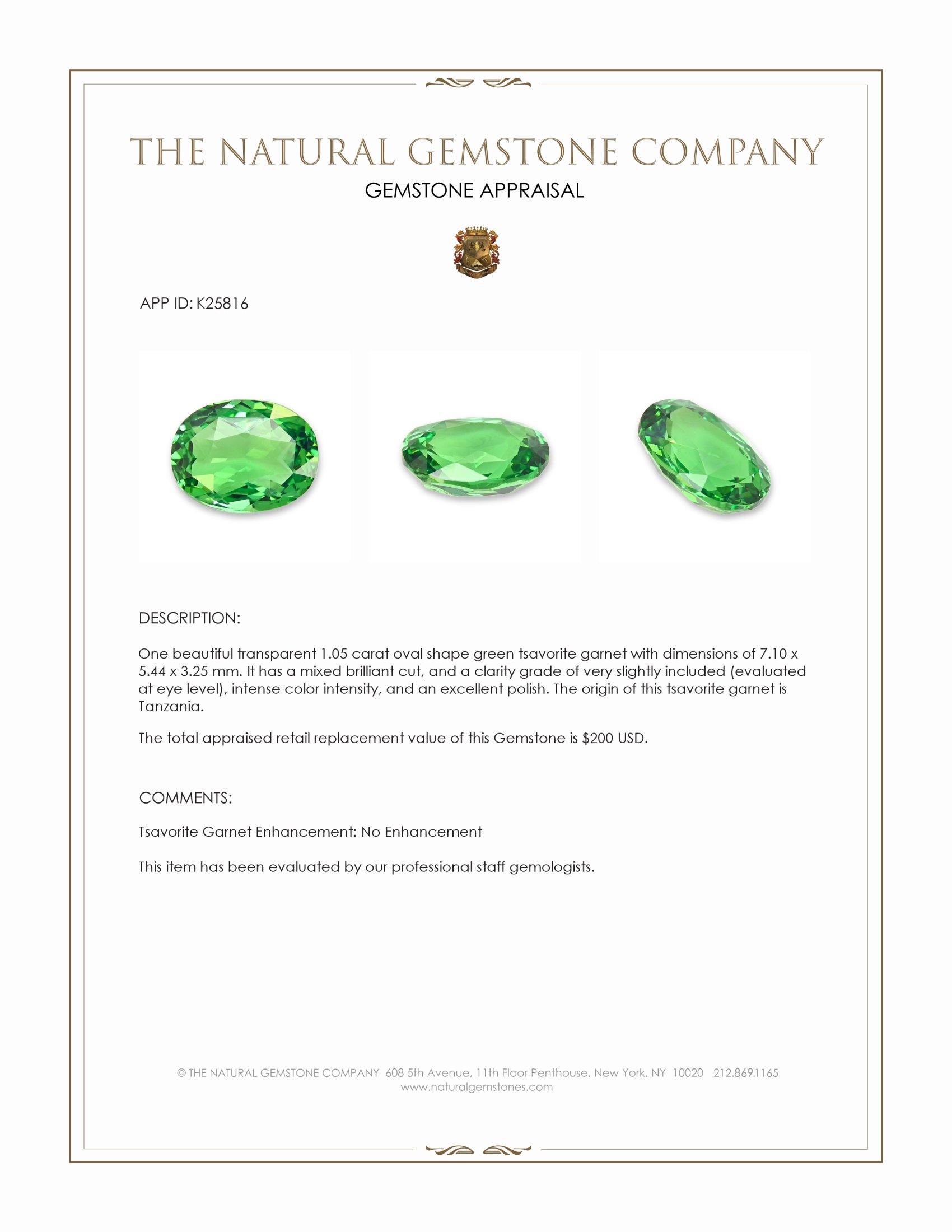 1.05 Ct. Tsavorite Garnet from Tanzania