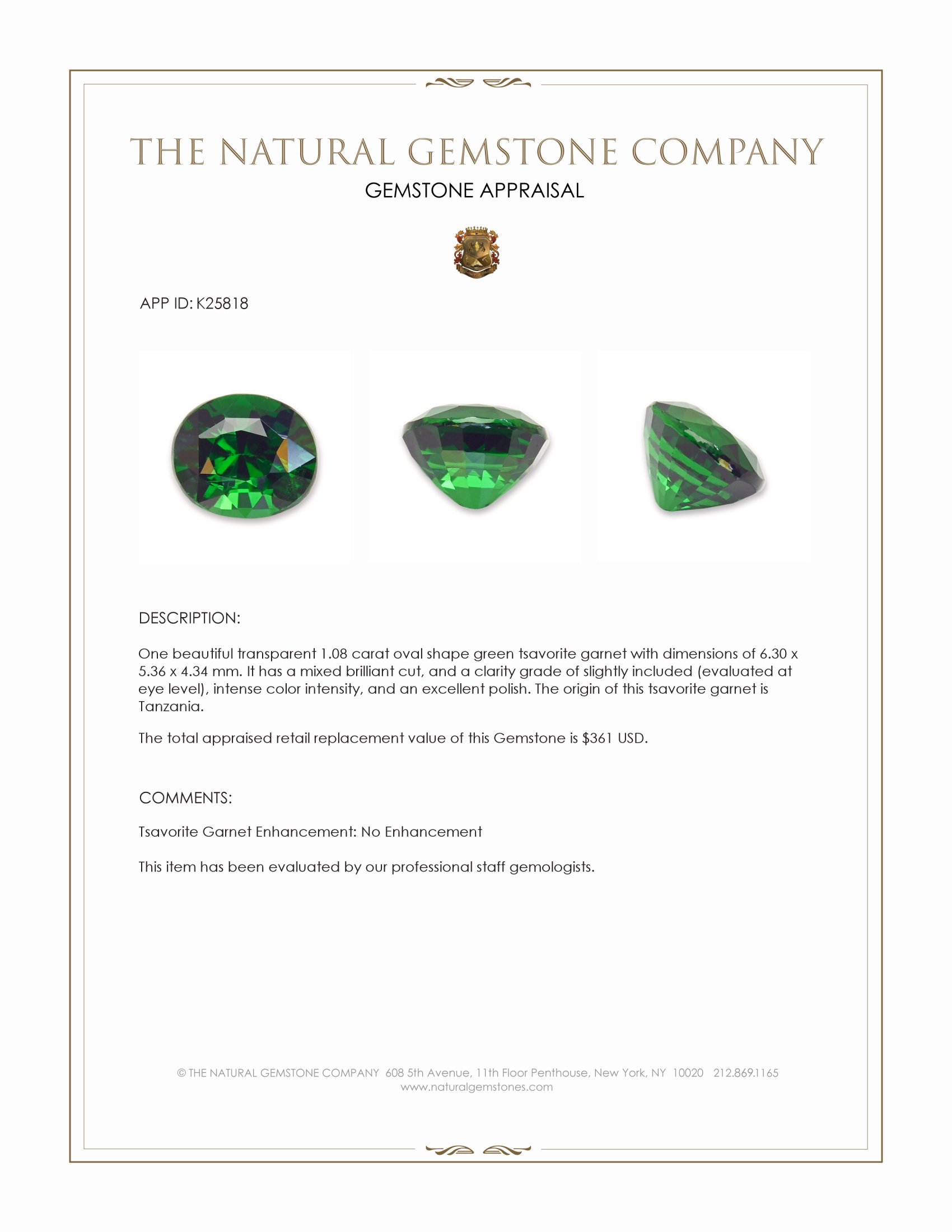 1.08 Ct. Tsavorite Garnet from Tanzania