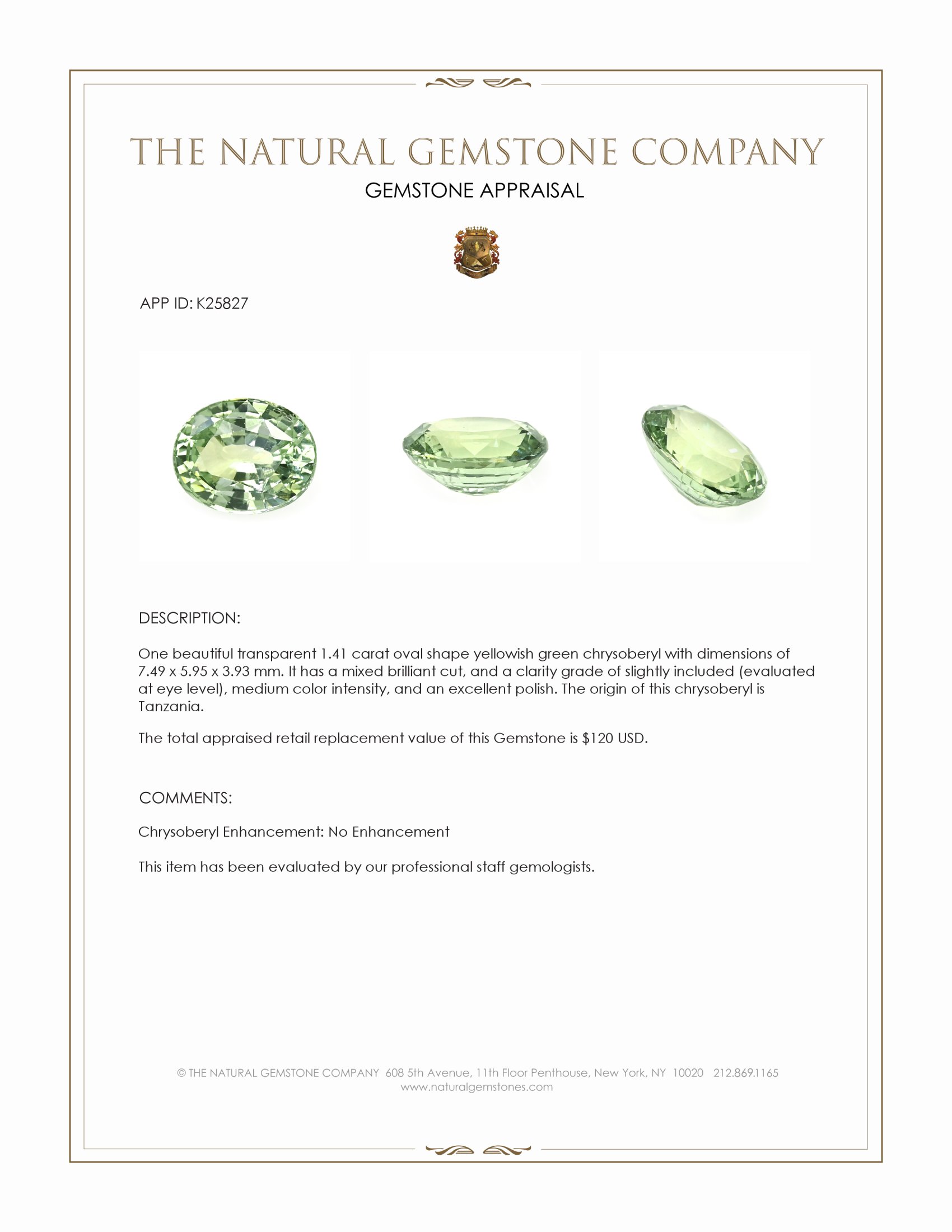 1.41 Ct. Yellowish Green Chrysoberyl from Tanzania