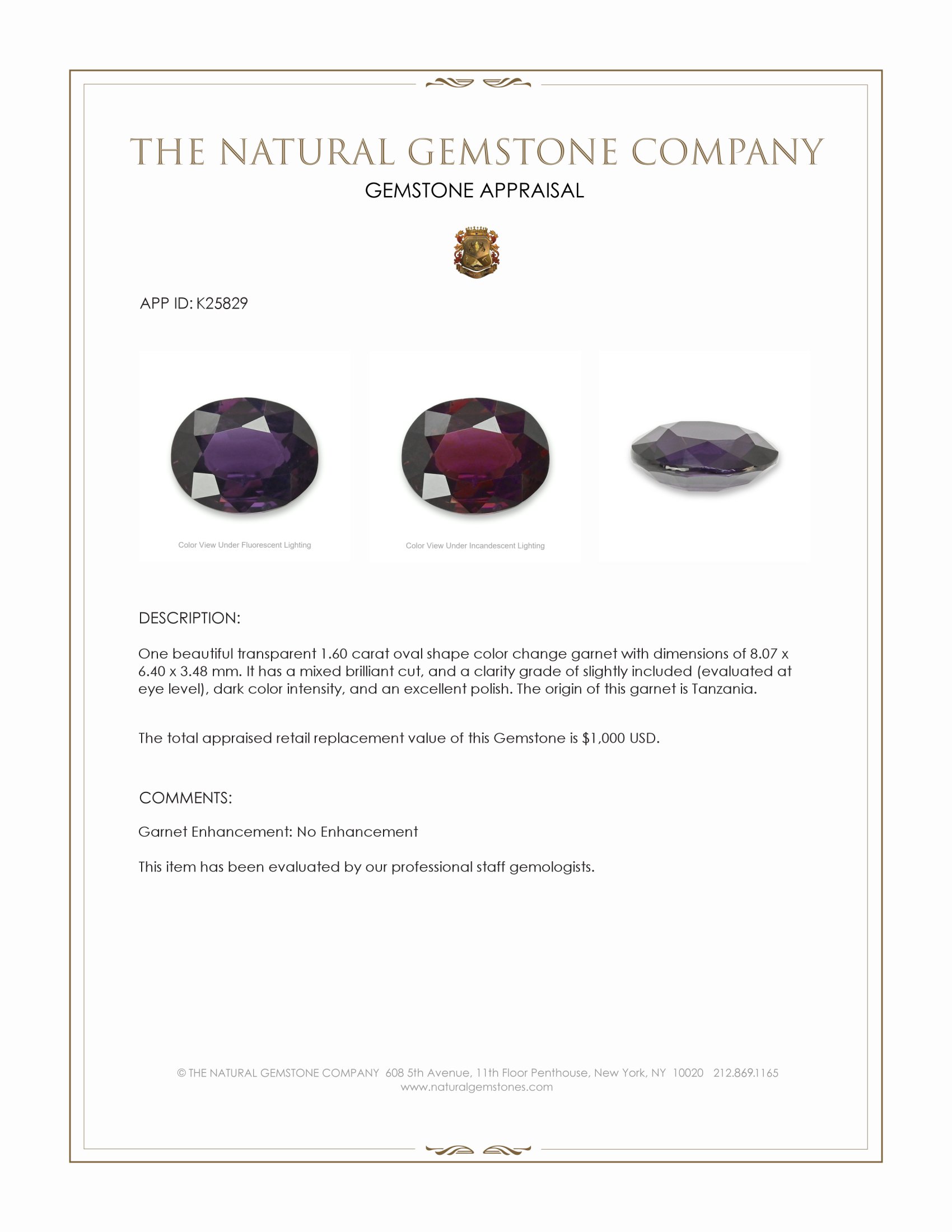 1.60 Ct. Color Change Garnet from Tanzania