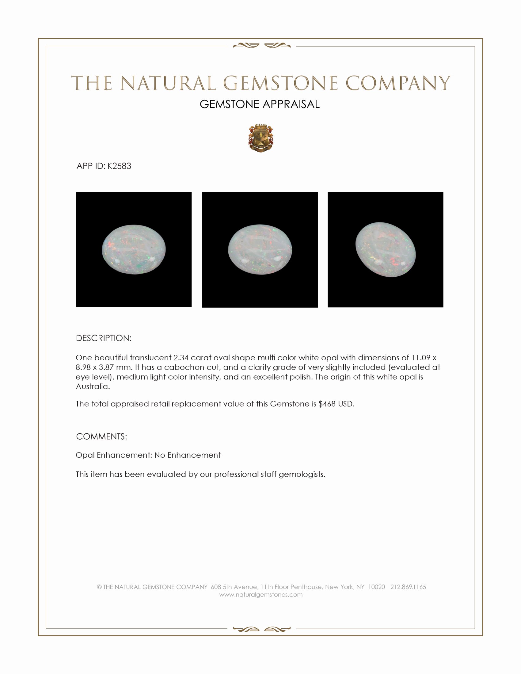 2.34 Ct. Cabochon White Opal from Australia