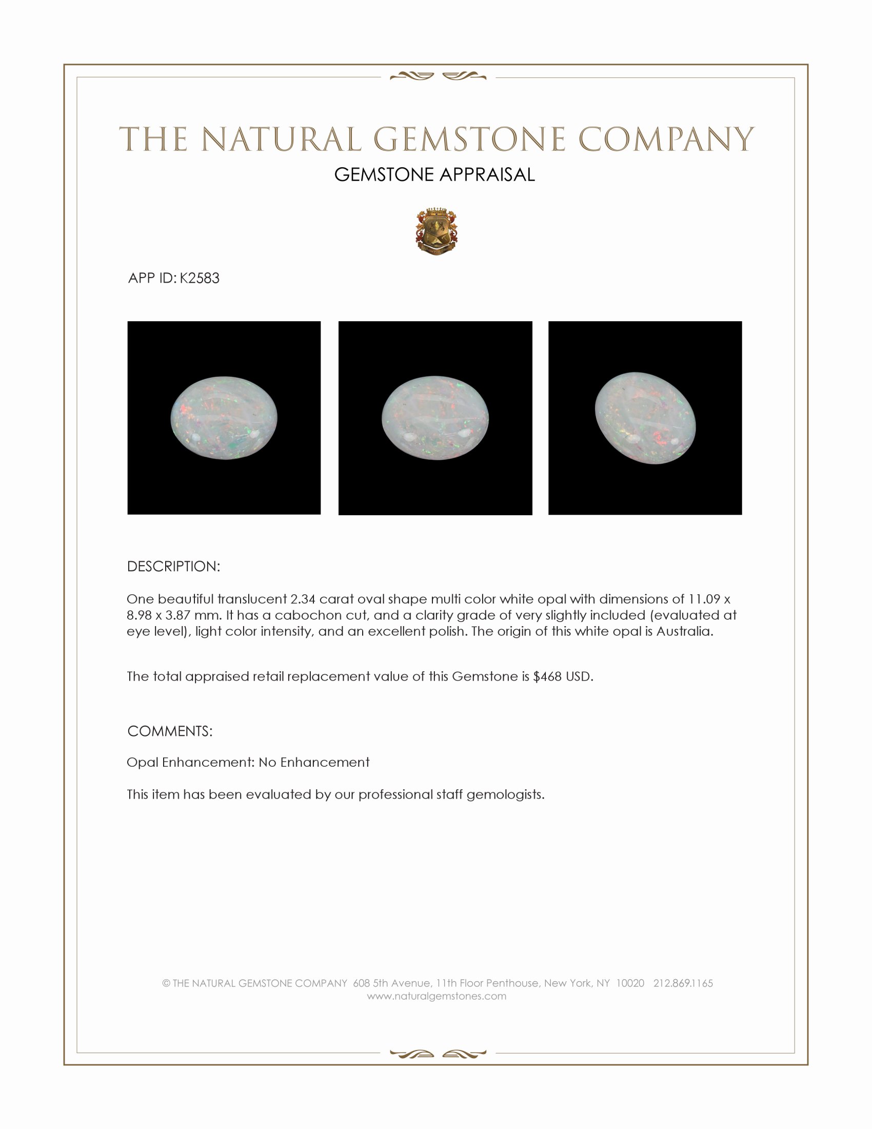 2.34 Ct. Cabochon White Opal from Australia