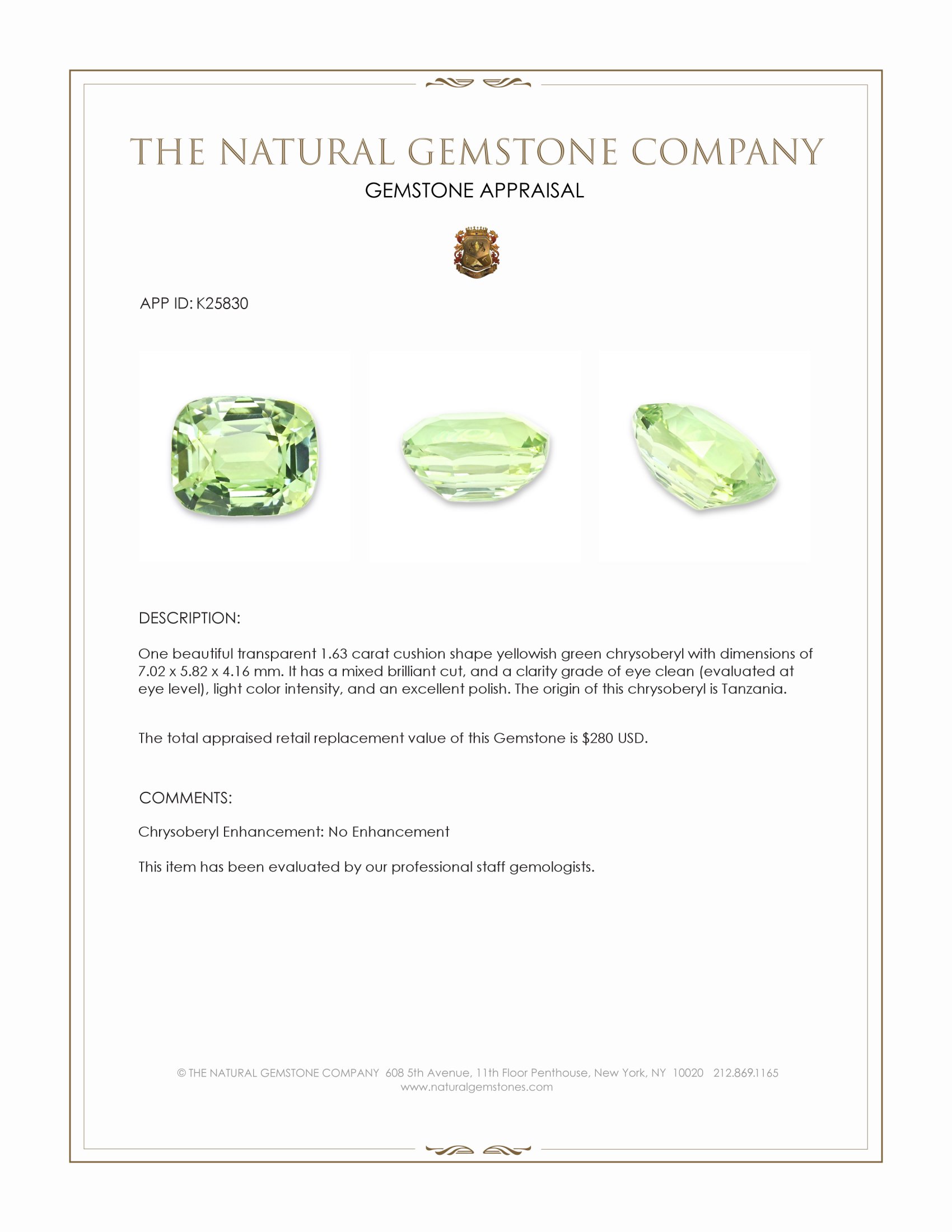 1.63 Ct. Yellowish Green Chrysoberyl from Tanzania