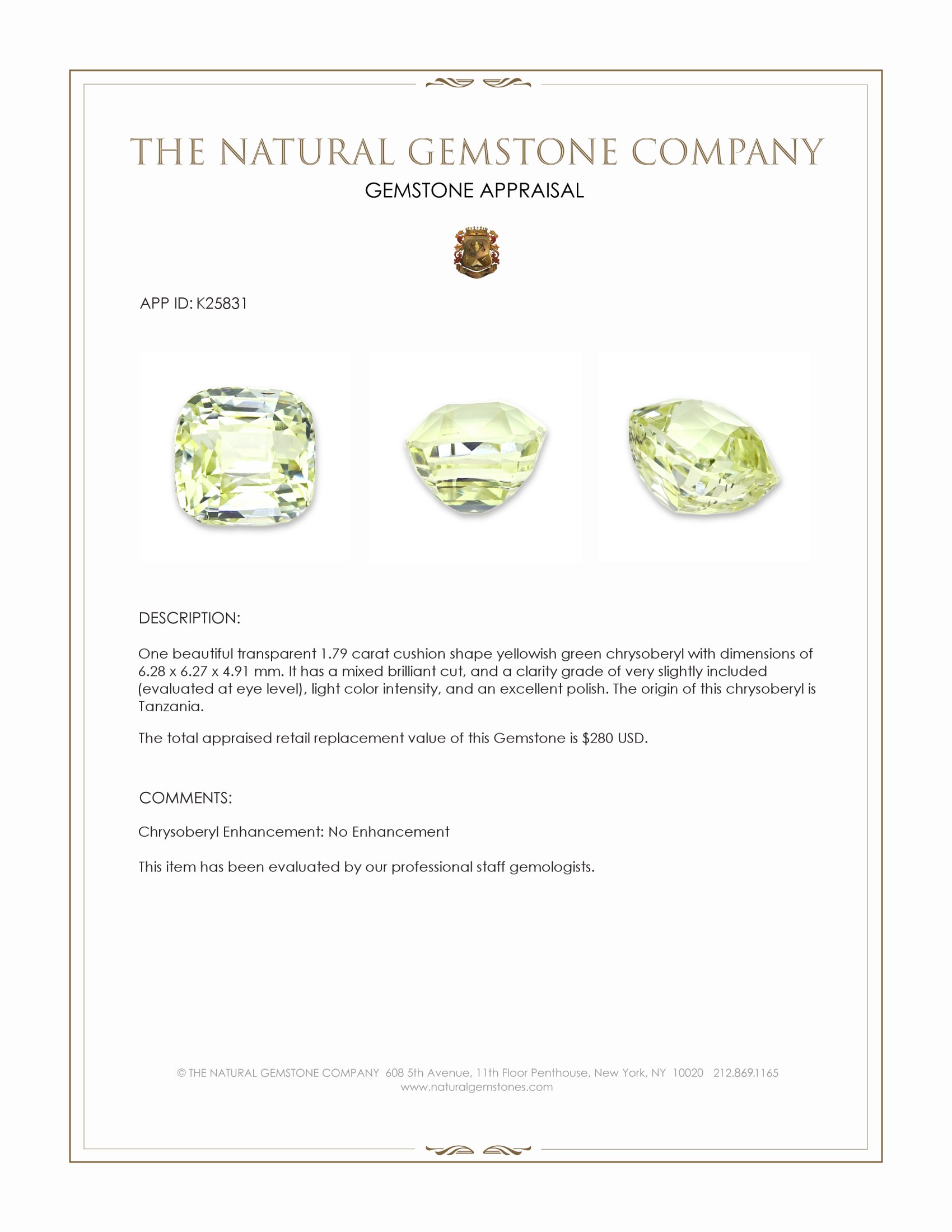 1.79 Ct. Yellowish Green Chrysoberyl from Tanzania