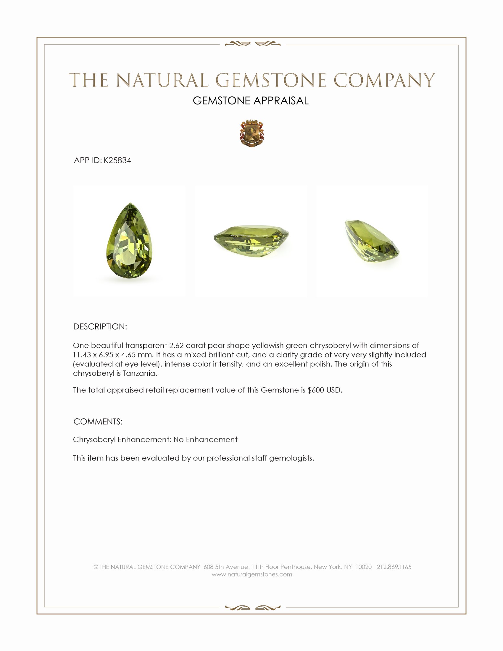 2.62 Ct. Yellowish Green Chrysoberyl from Tanzania