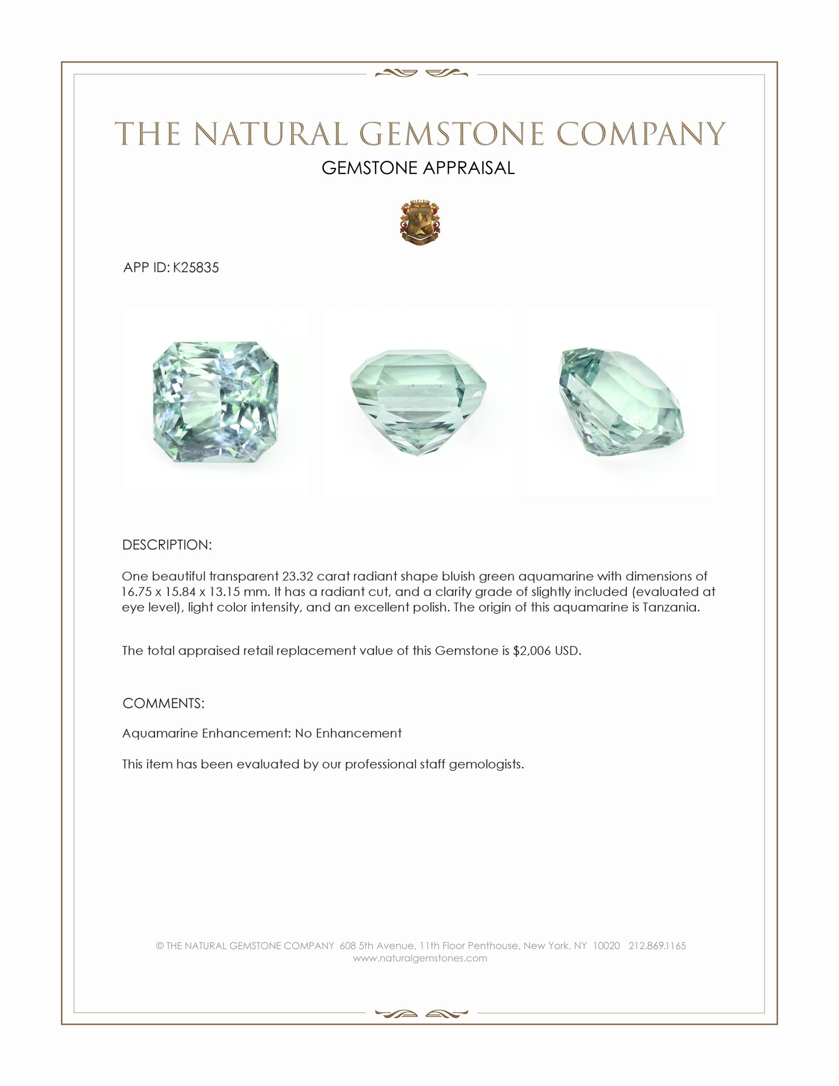 23.32 Ct. Bluish Green Aquamarine from Tanzania
