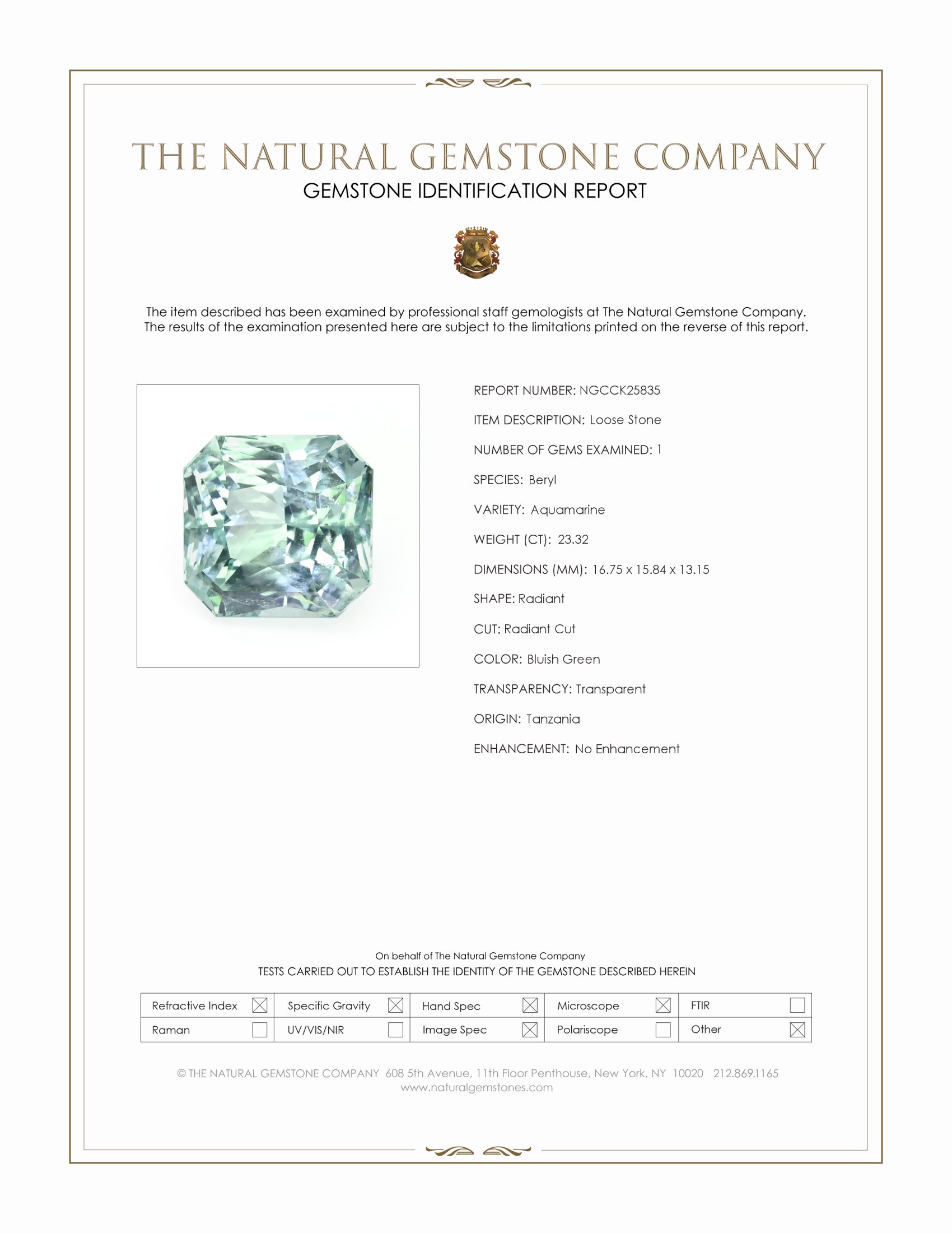23.32 Ct. Bluish Green Aquamarine from Tanzania