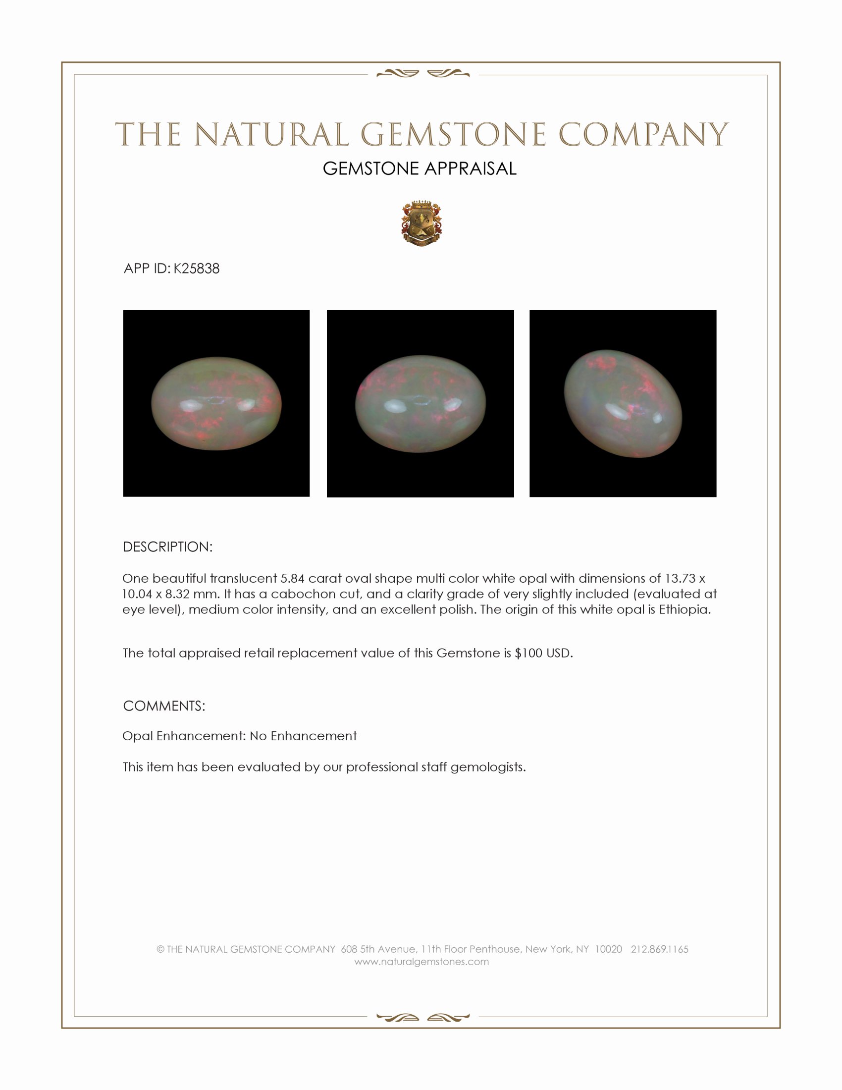 5.84 Ct. Multi Color Cabochon White Opal (Light Opal) from Ethiopia