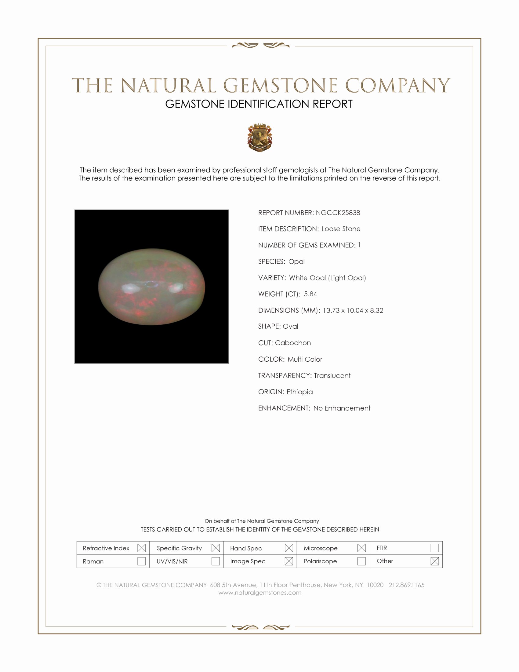 5.84 Ct. Multi Color Cabochon White Opal (Light Opal) from Ethiopia