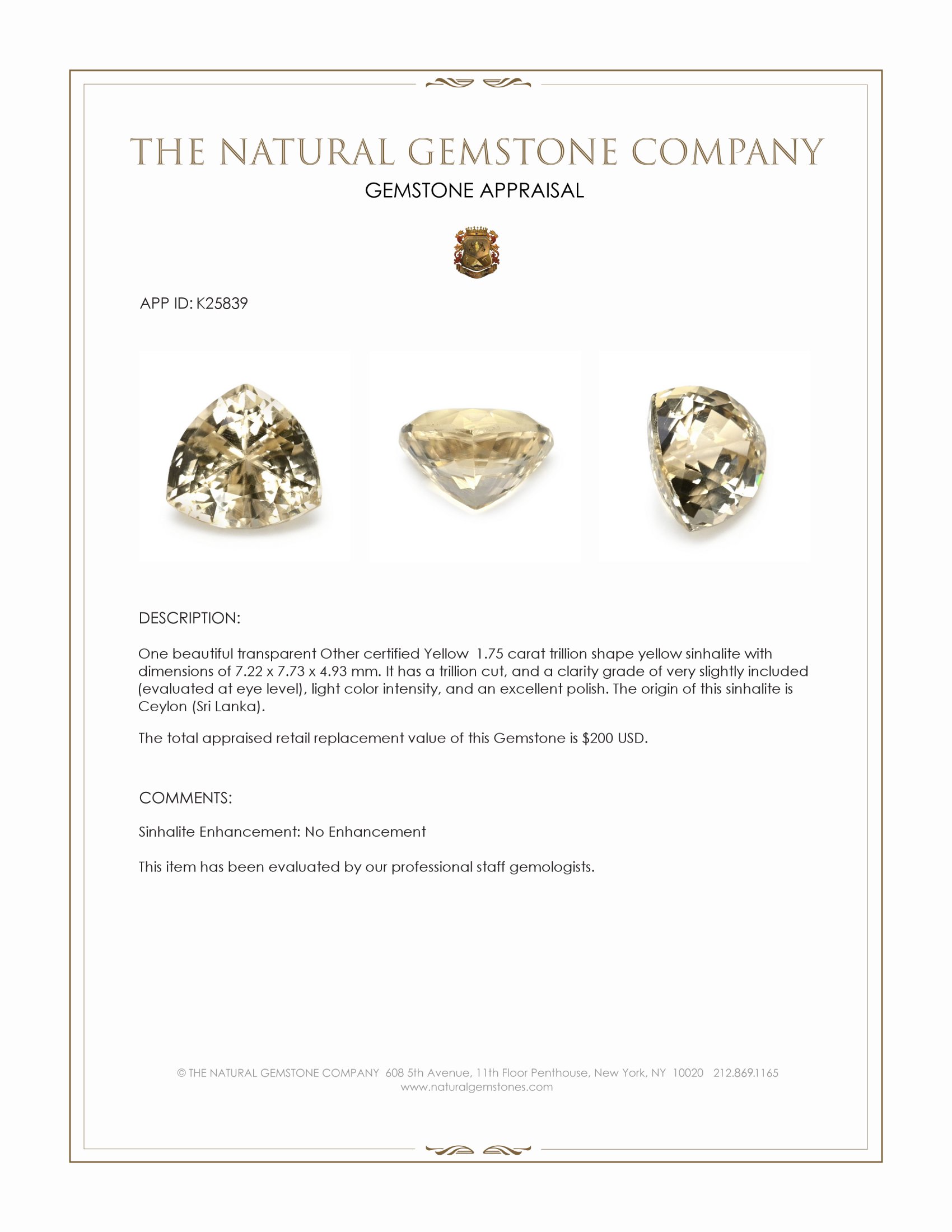 1.75 Ct. Yellow Sinhalite from Ceylon (Sri Lanka)