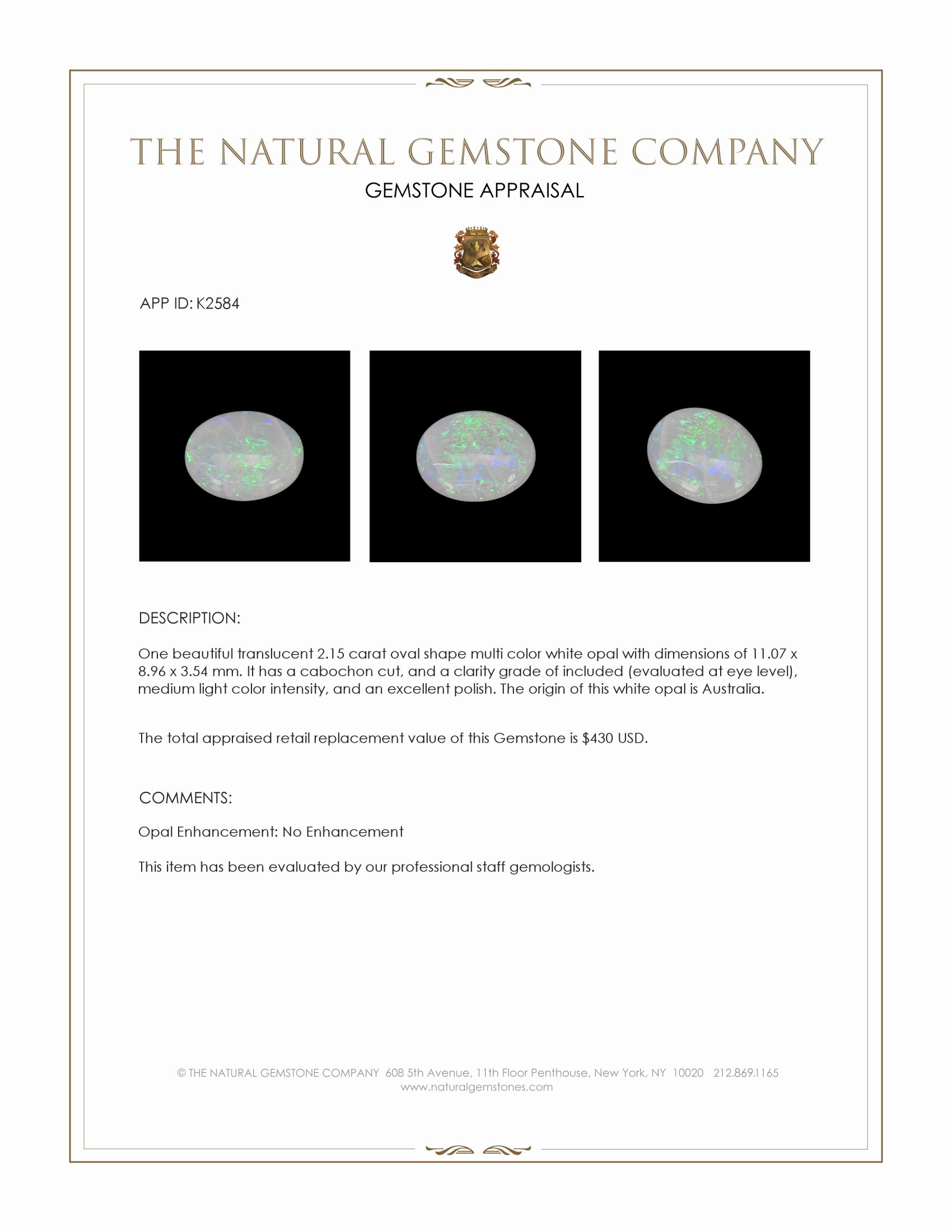 2.15 Ct. Cabochon White Opal from Australia