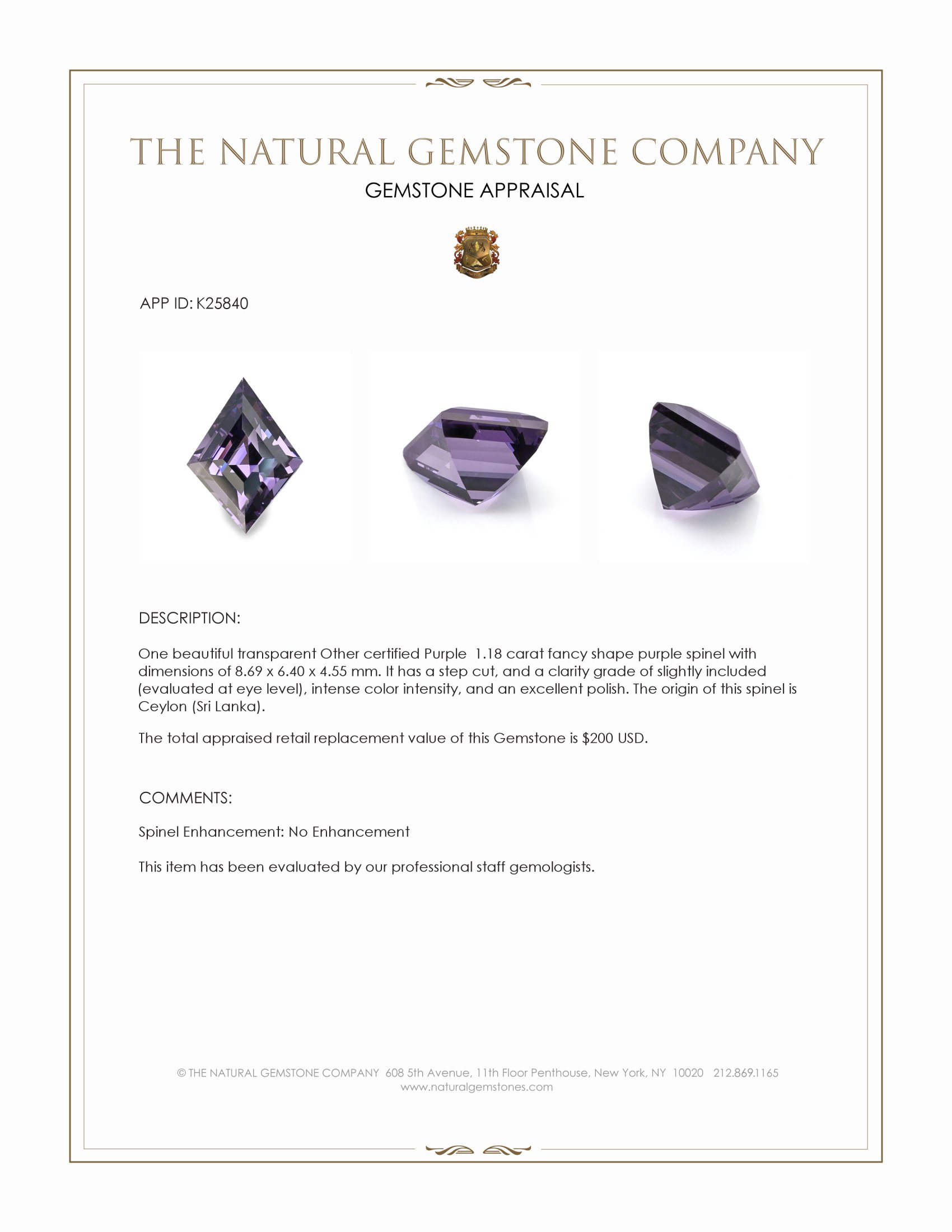 1.18 Ct. Purple Spinel from Ceylon (Sri Lanka)
