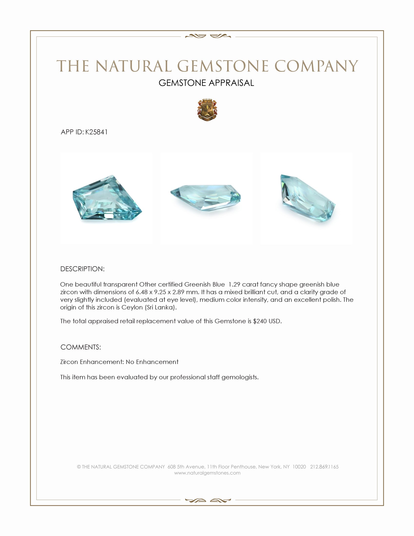 1.29 Ct. Greenish Blue Zircon from Ceylon (Sri Lanka)
