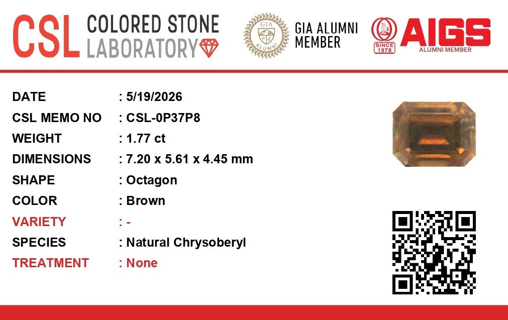 1.76 Ct. Yellowish Brown Chrysoberyl from Ceylon (Sri Lanka)