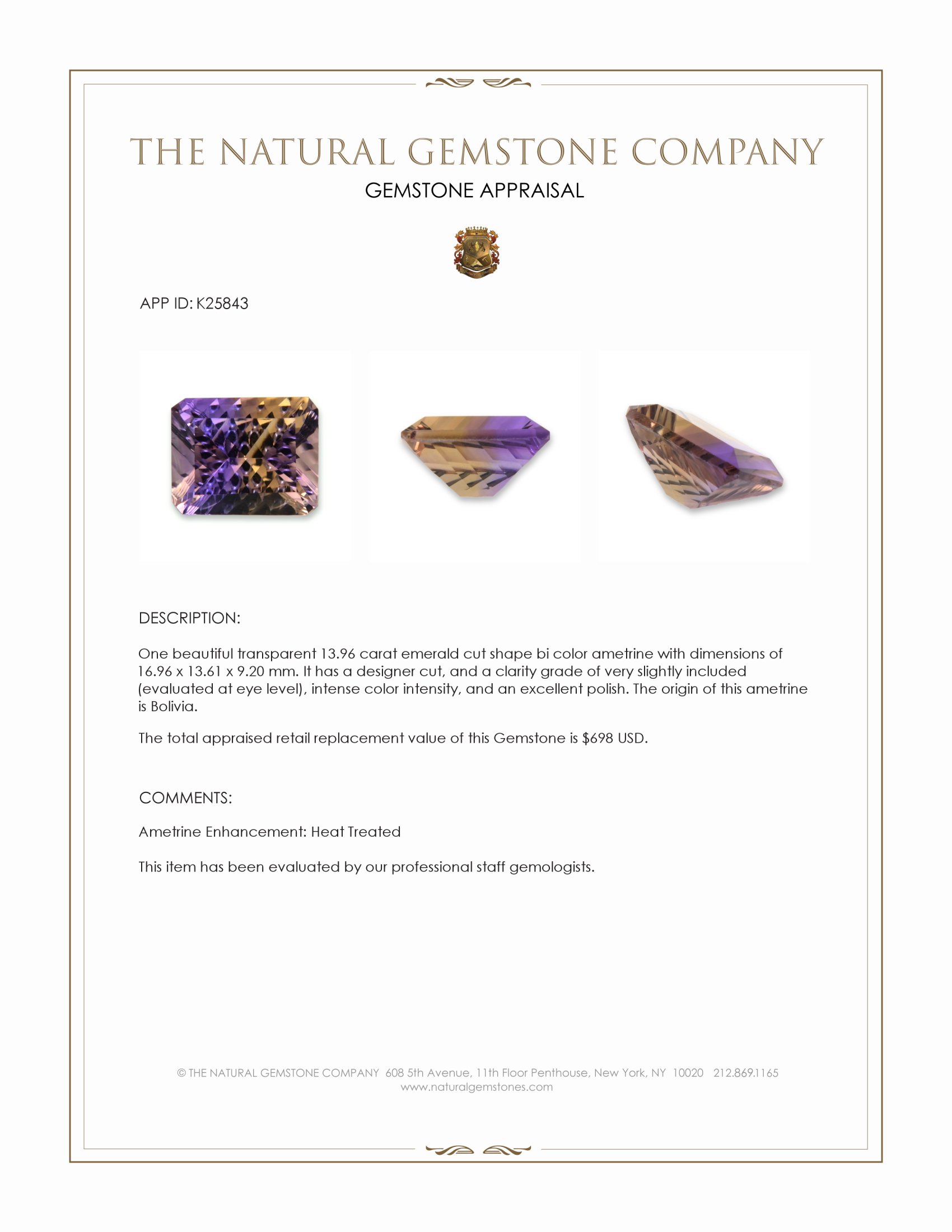 13.96 Ct. Bi Color Ametrine from Bolivia