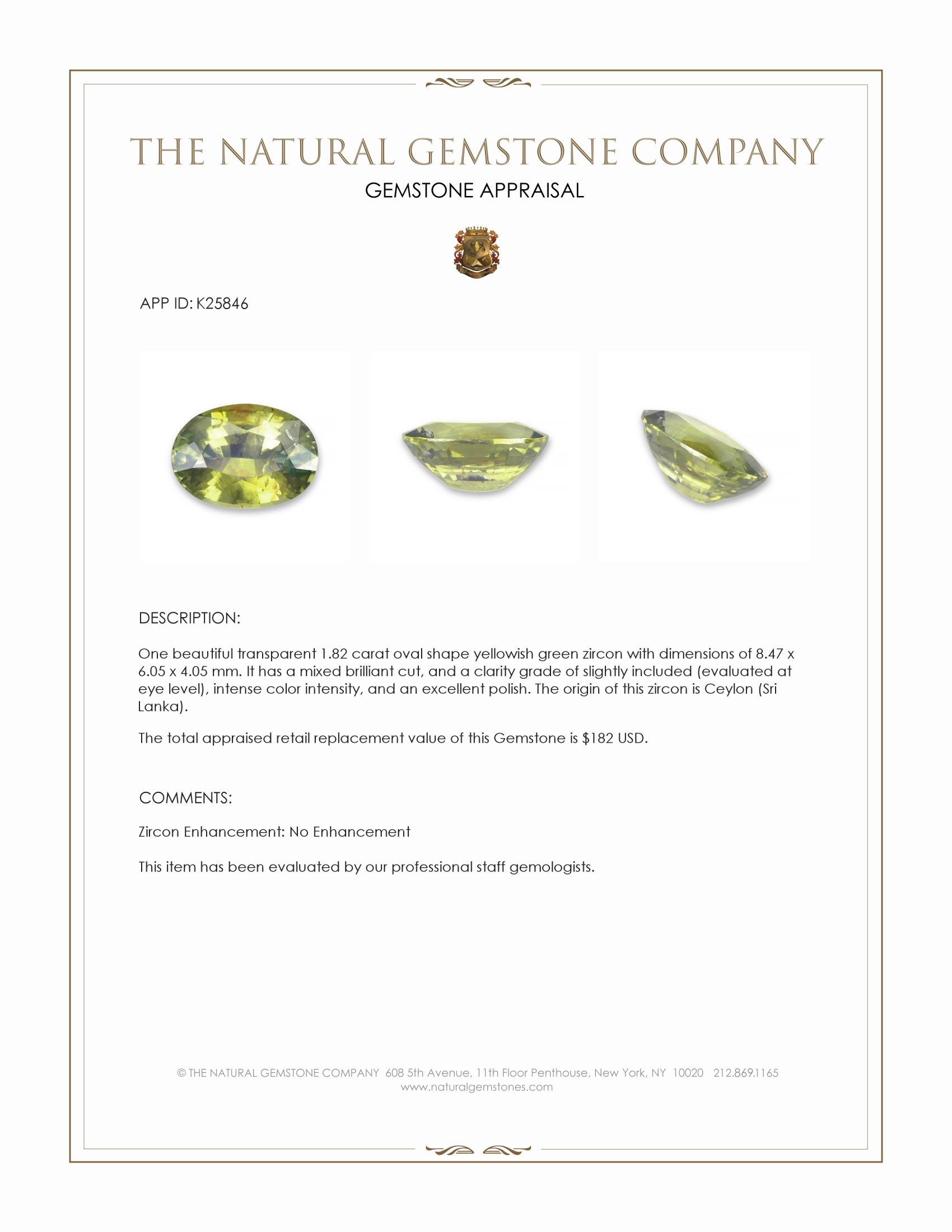 1.82 Ct. Yellowish Green Zircon from Ceylon (Sri Lanka)