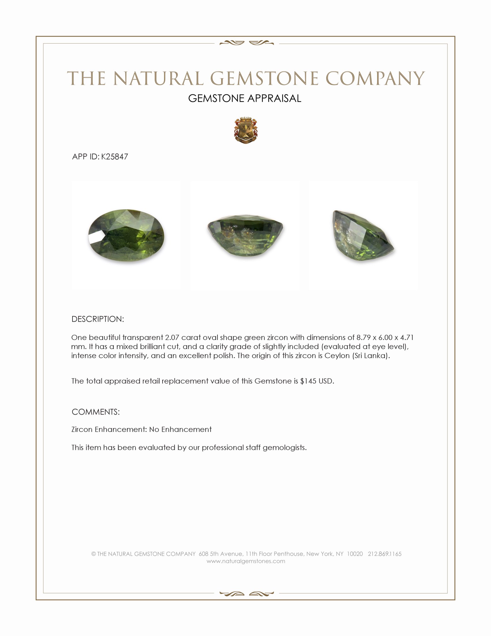 2.07 Ct. Green Zircon from Ceylon (Sri Lanka)