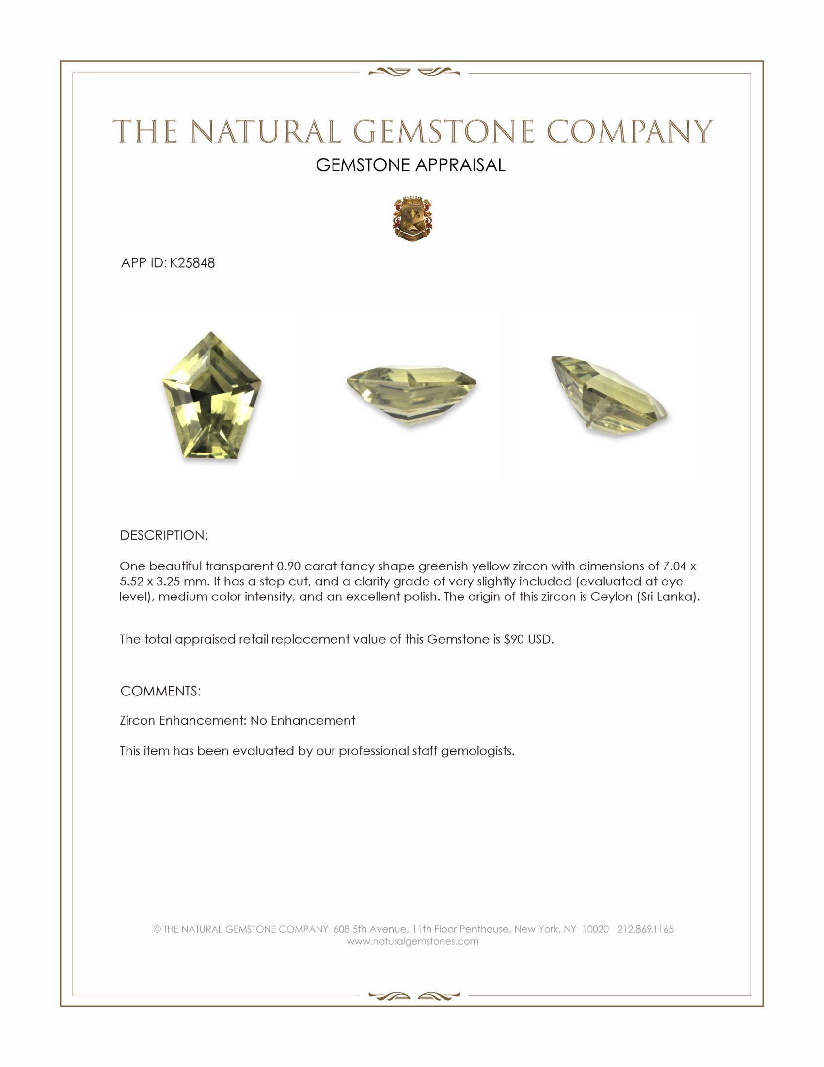 0.90 Ct. Greenish Yellow Zircon from Ceylon (Sri Lanka)