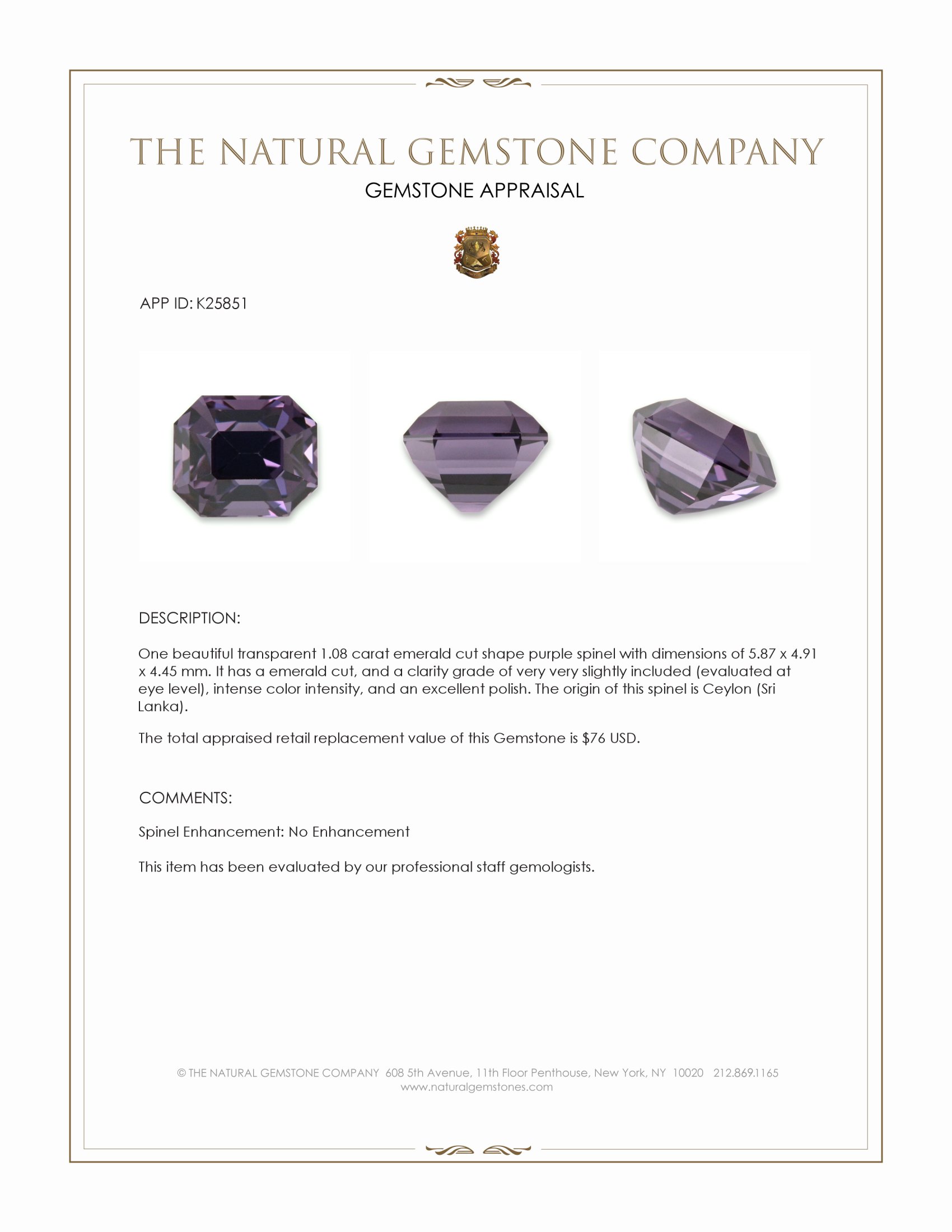 1.08 Ct. Purple Spinel from Ceylon (Sri Lanka)