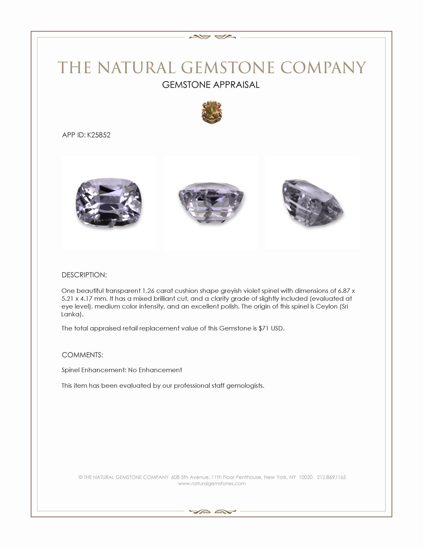 1.26 Ct. Greyish Violet Spinel from Ceylon (Sri Lanka)
