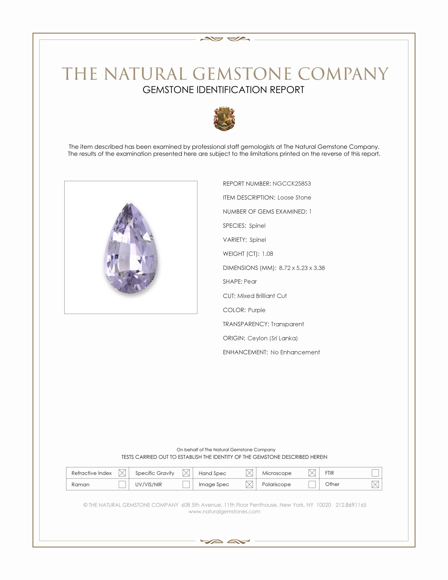 1.08 Ct. Purple Spinel from Ceylon (Sri Lanka)